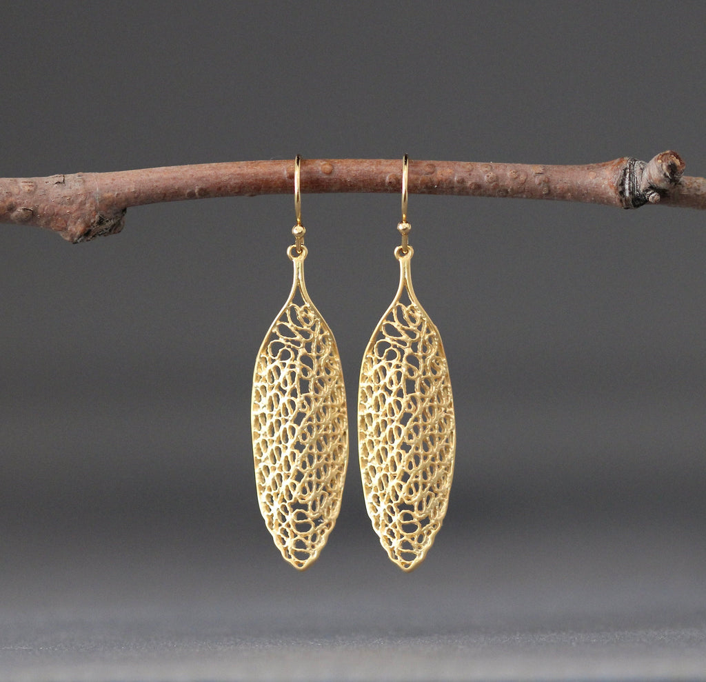 Long Matte Gold Vermeil Filigree Statement Dangle Earrings