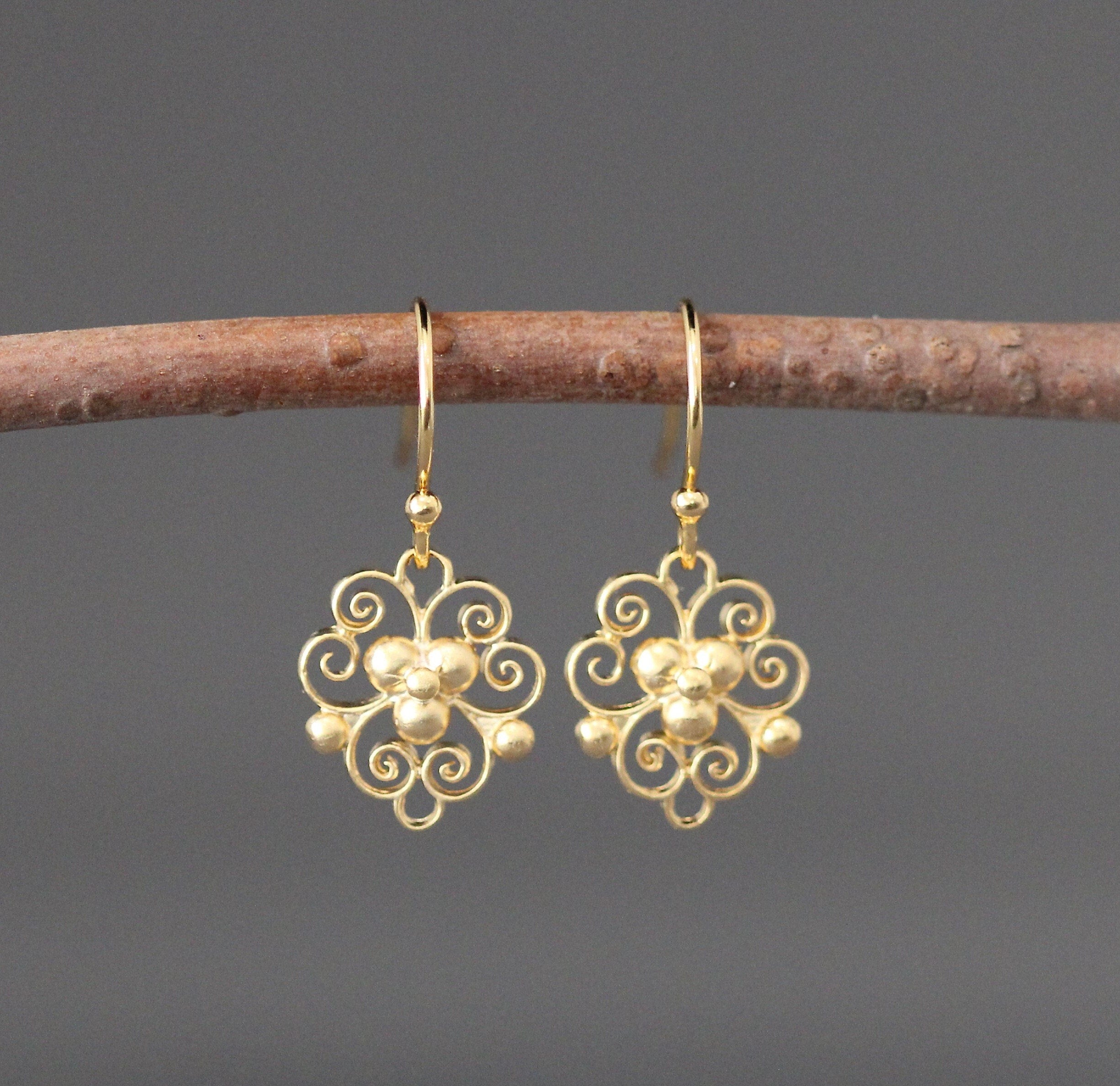 Gold Vermeil Filigree Charm Dangle Earrings