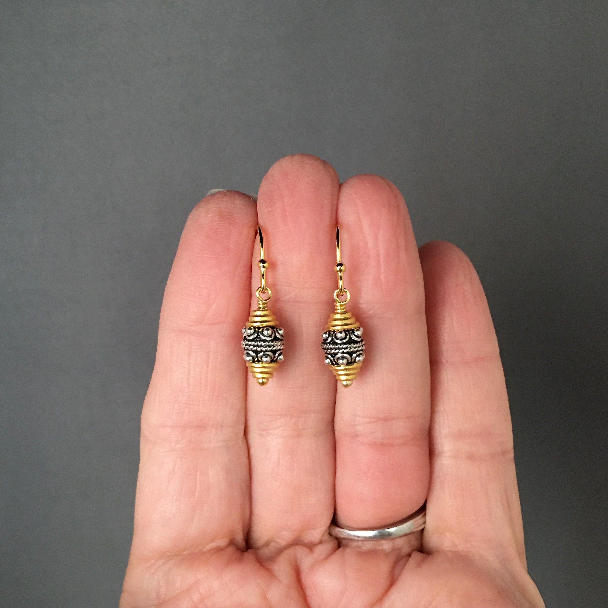 Mixed Metal Bali Silver and Gold Vermeil Bead Dangle Earrings