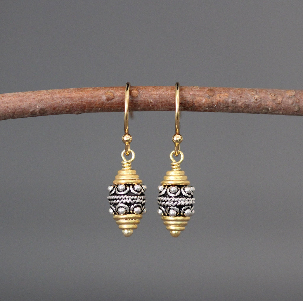Mixed Metal Bali Silver and Gold Vermeil Bead Dangle Earrings