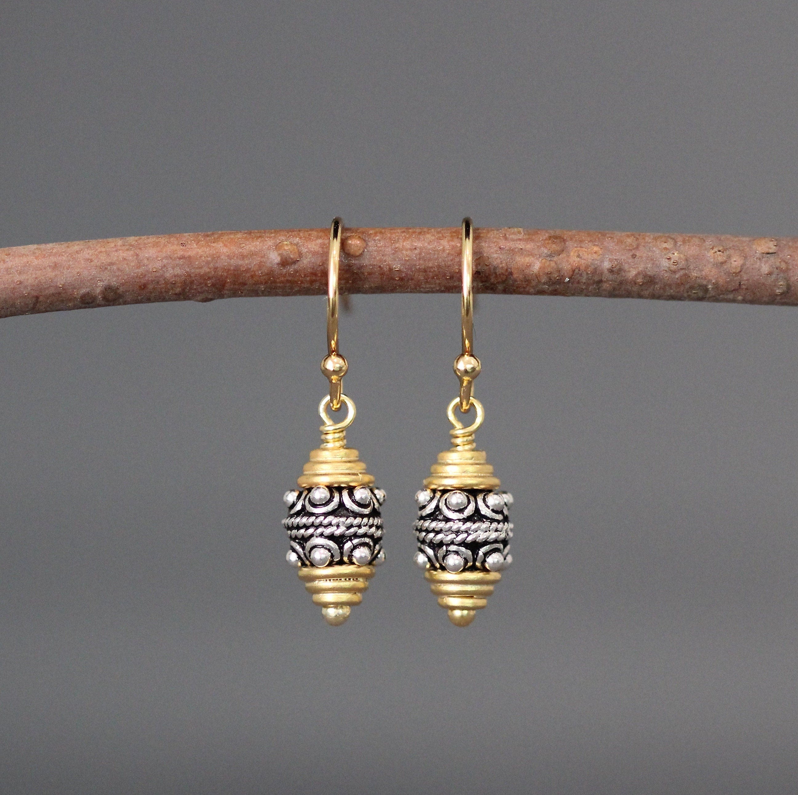 Mixed Metal Bali Silver and Gold Vermeil Bead Dangle Earrings