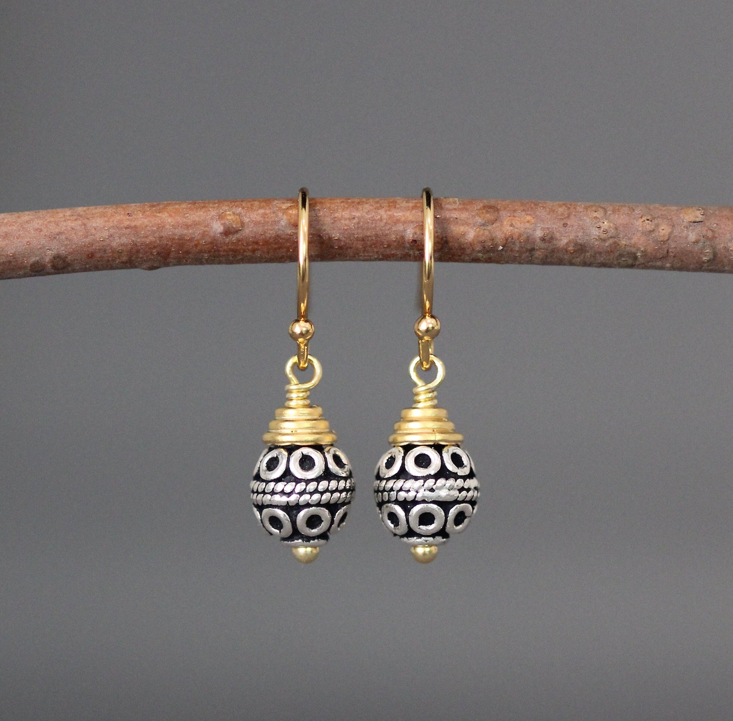 Bali Sterling Silver Bead Earrings with Gold Vermeil Caps and Earwires