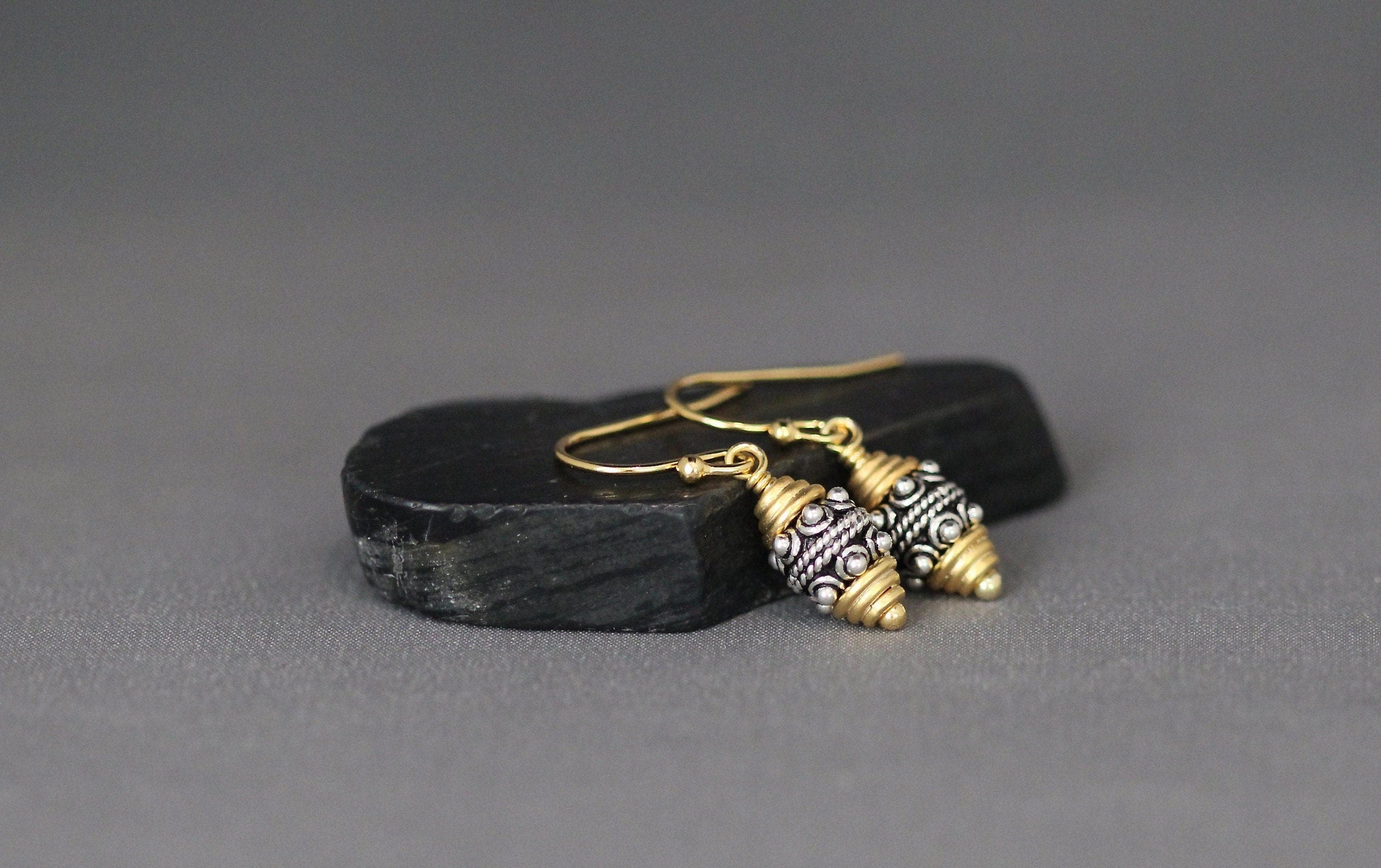 Mixed Metal Bali Silver and Gold Vermeil Bead Dangle Earrings