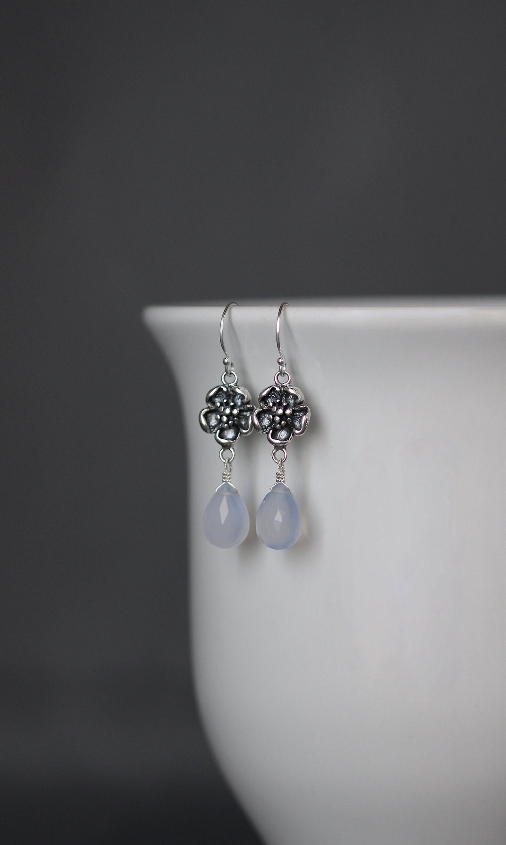 Blue Chalcedony Teardrop Earrings on Bali Silver Flower Links