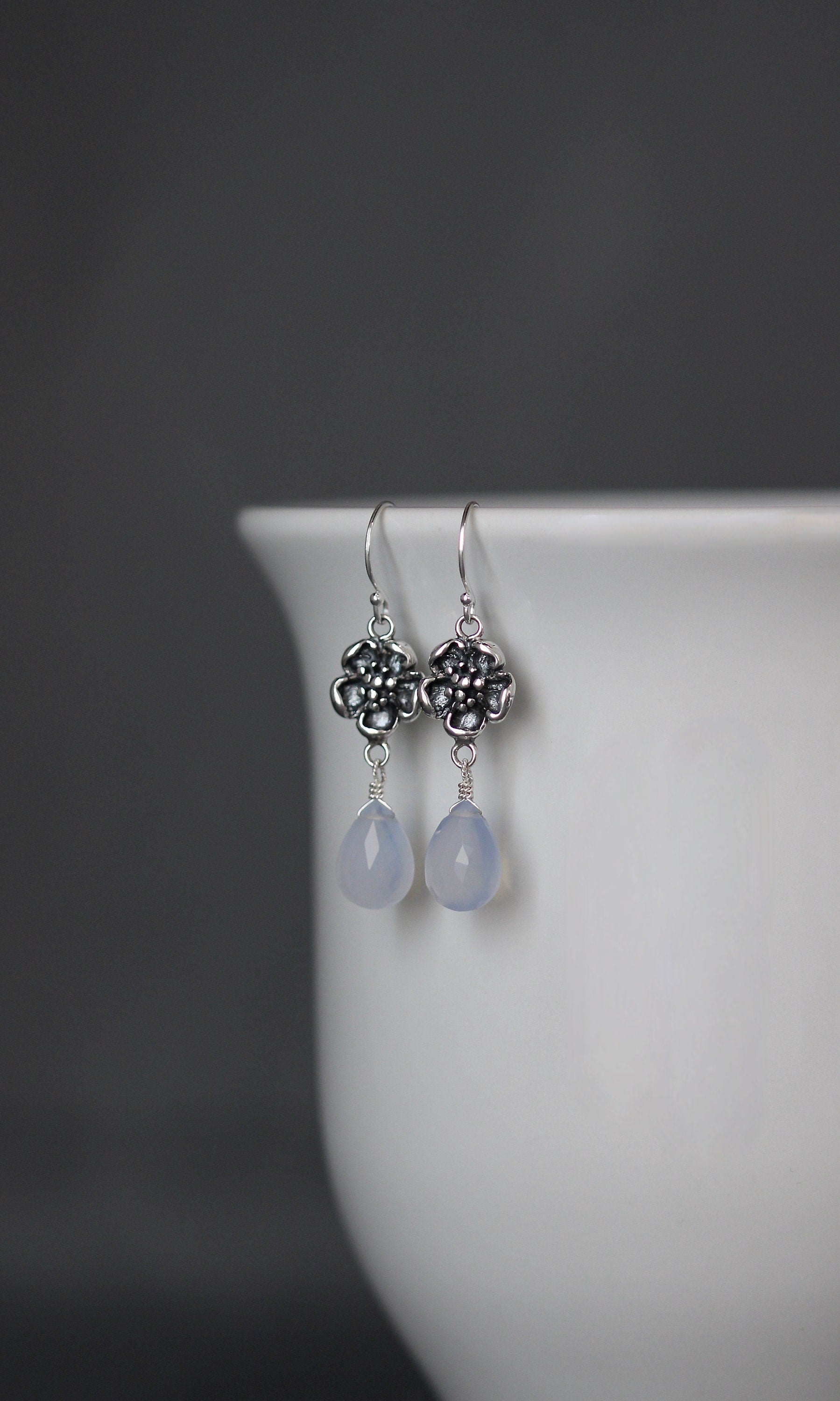 Blue Chalcedony Teardrop Earrings on Bali Silver Flower Links