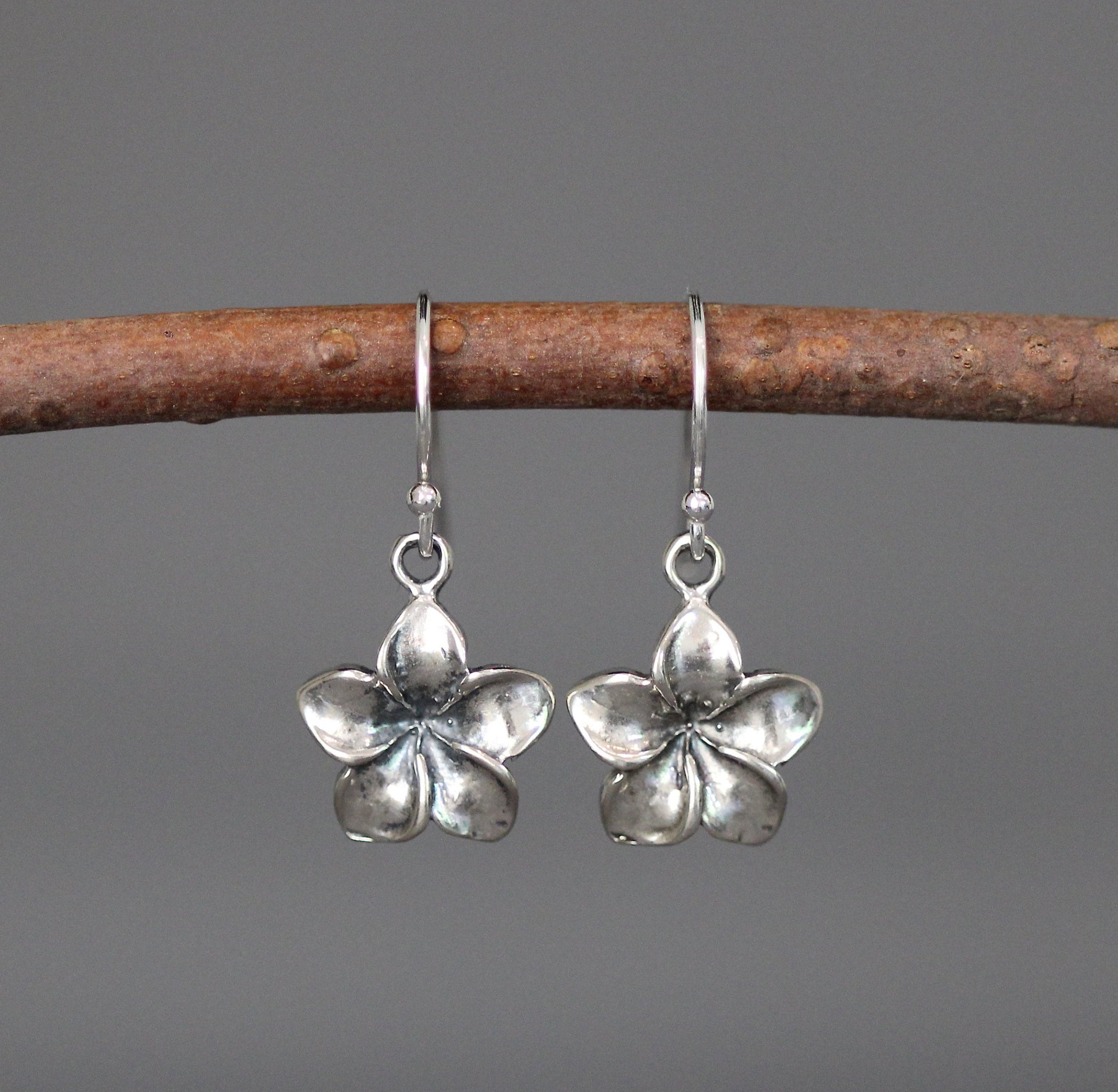 Bali Sterling Silver Plumeria Flower Charm Dangle Earrings