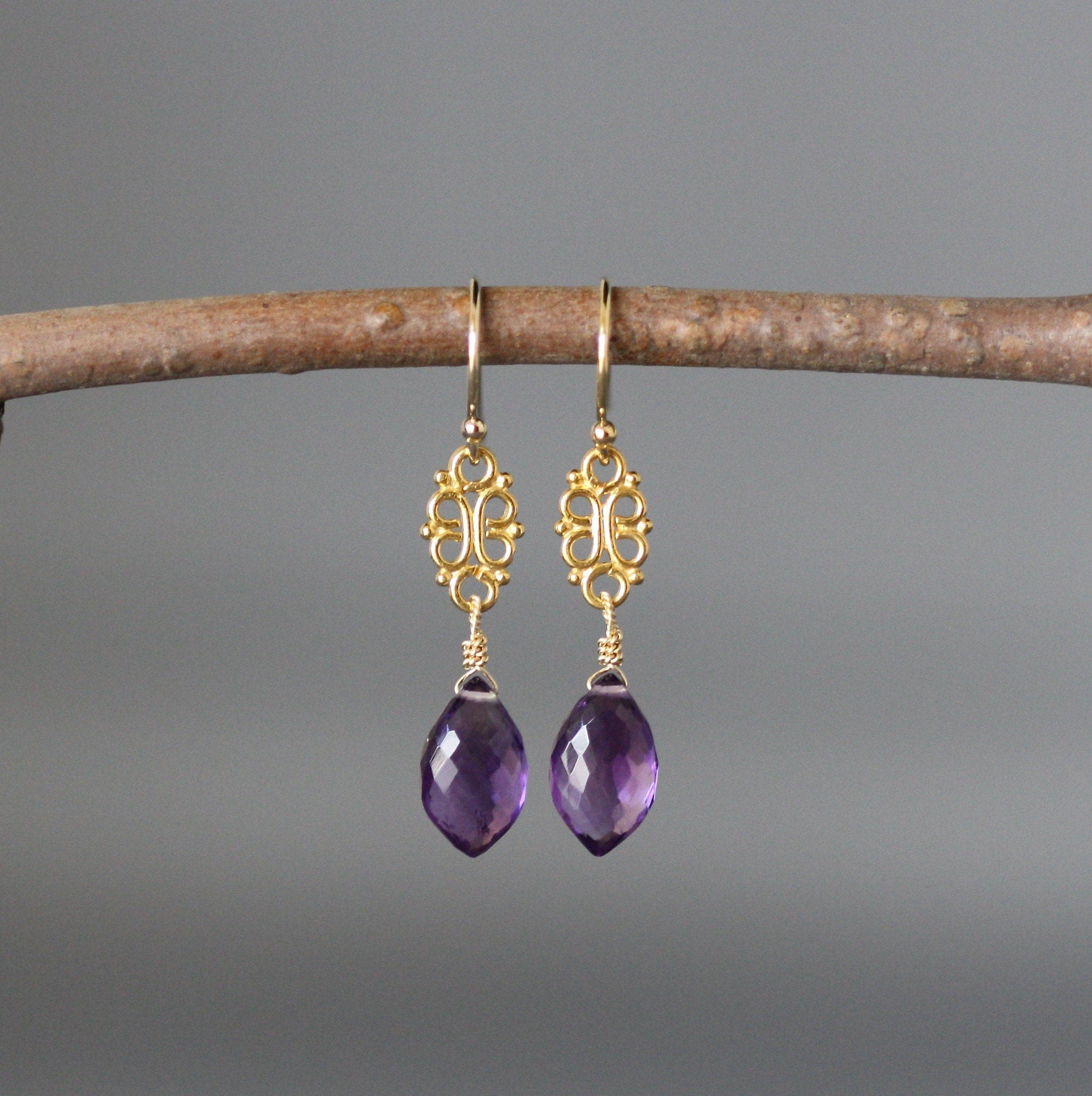 Amethyst Marquise Dangle Earrings on Gold Vermeil Links
