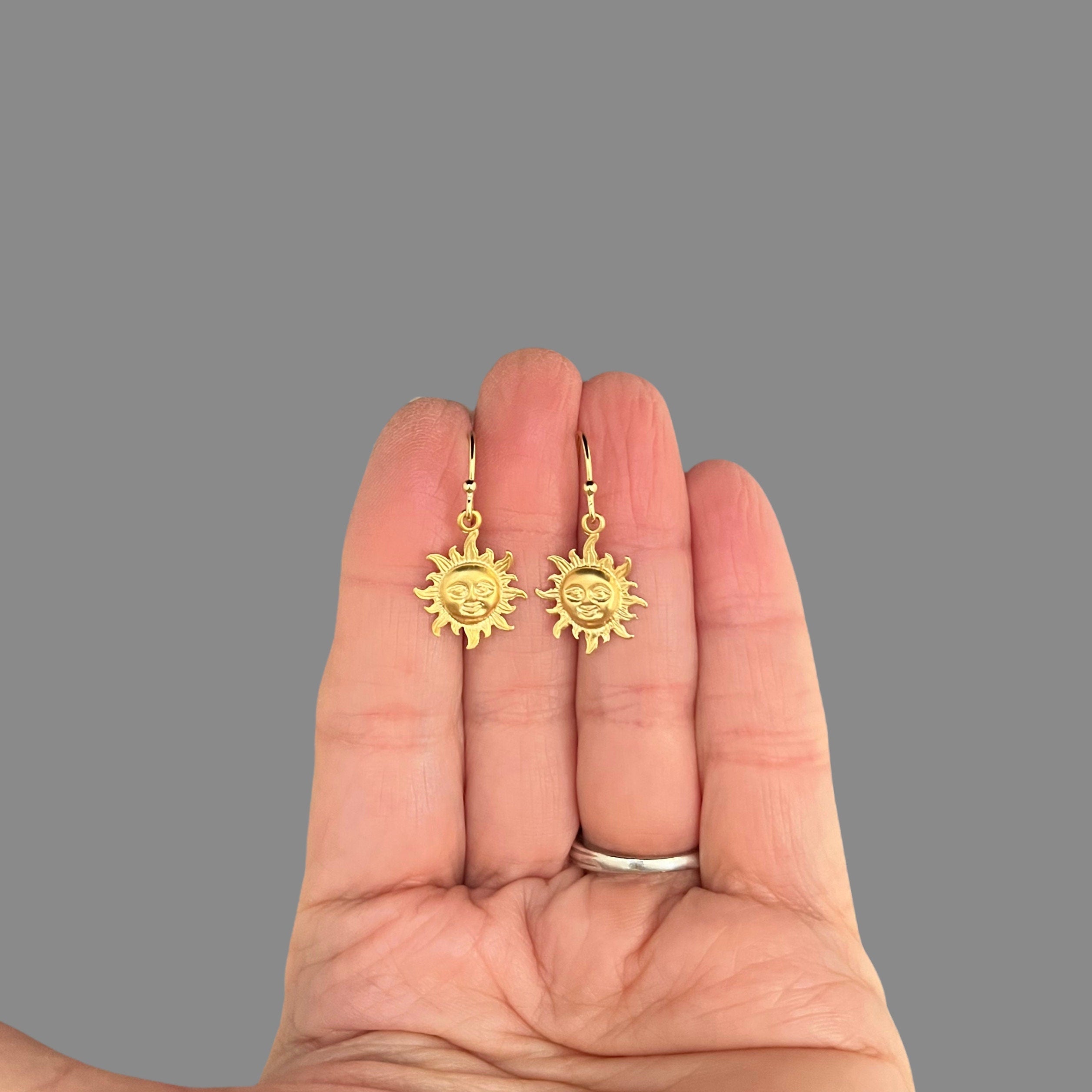 Matte Gold Vermeil Sun Charm Dangle Earrings