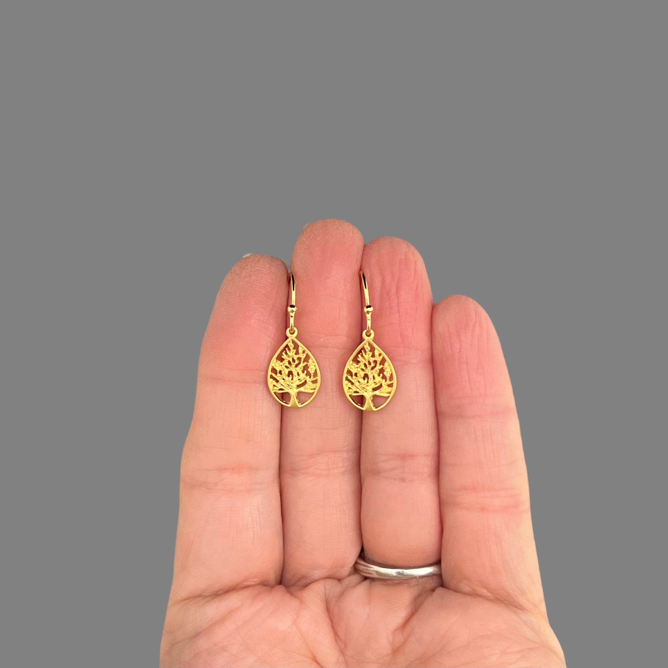 Gold Vermeil Tree of Life Teardrop Charm Dangle Earrings II
