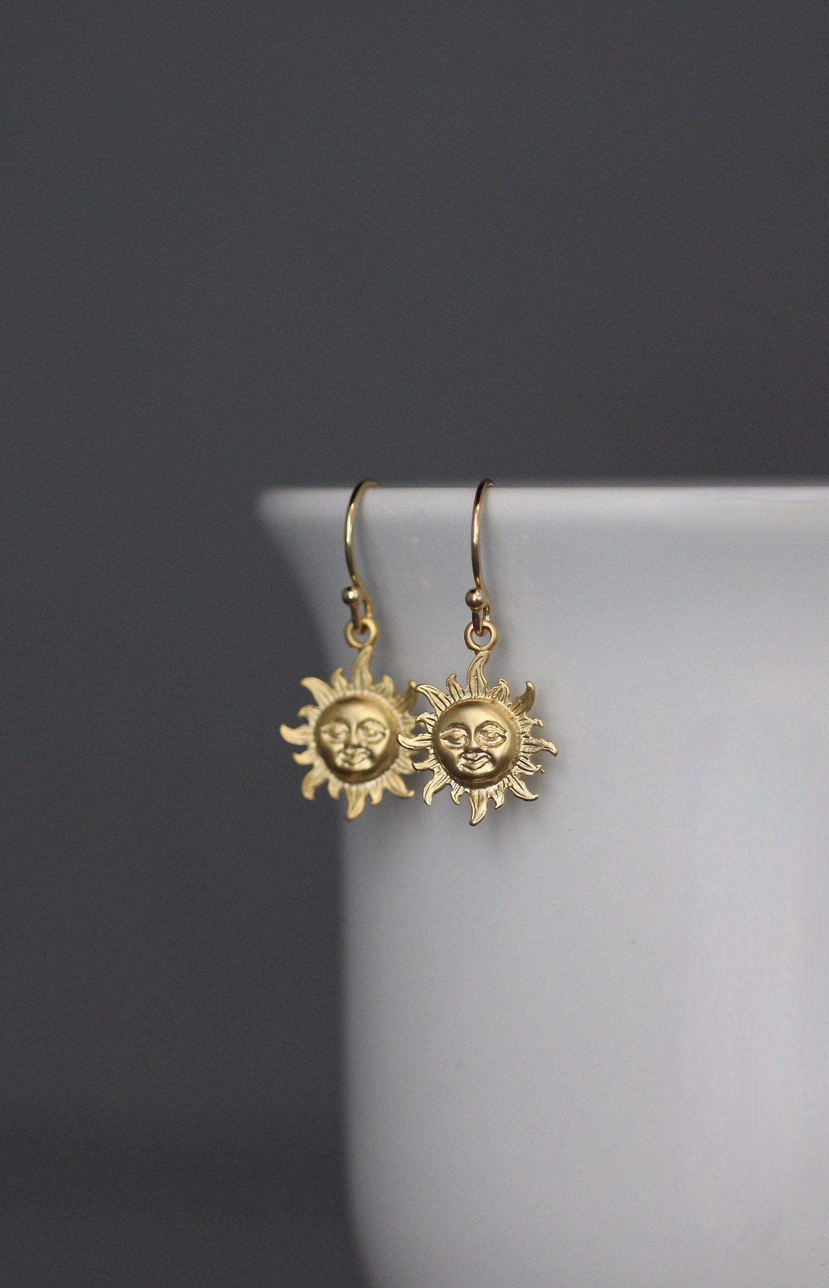 Matte Gold Vermeil Sun Charm Dangle Earrings