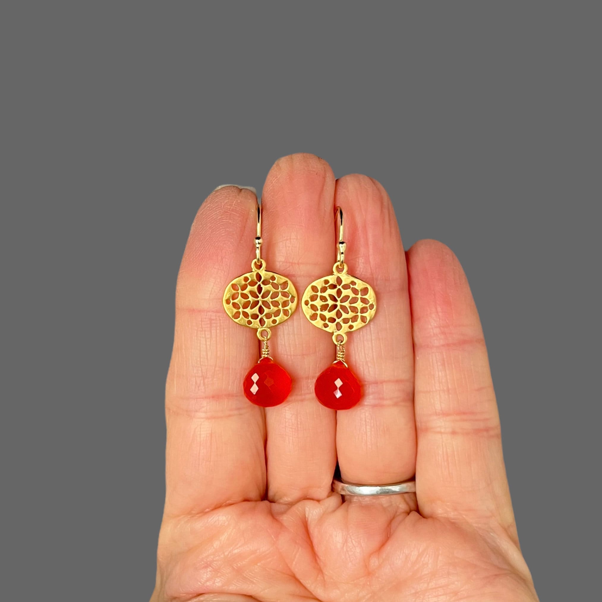 Carnelian Teardrop Earrings with Matte Gold Vermeil Filigree Links