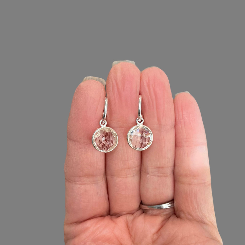 Clear Quartz Crystal Charm Earrings on Sterling Silver Post Hoops
