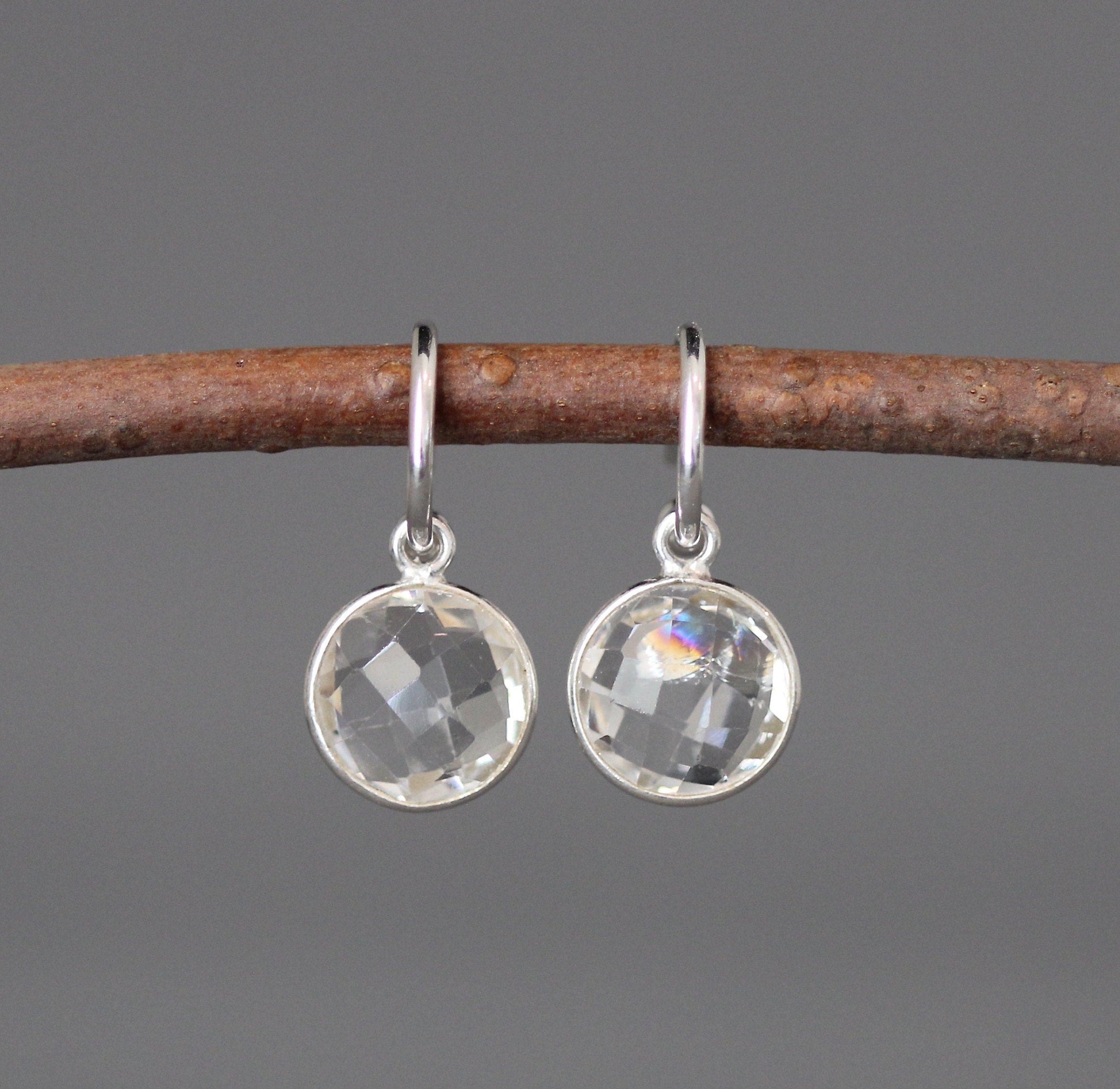 Clear Quartz Crystal Charm Earrings on Sterling Silver Post Hoops