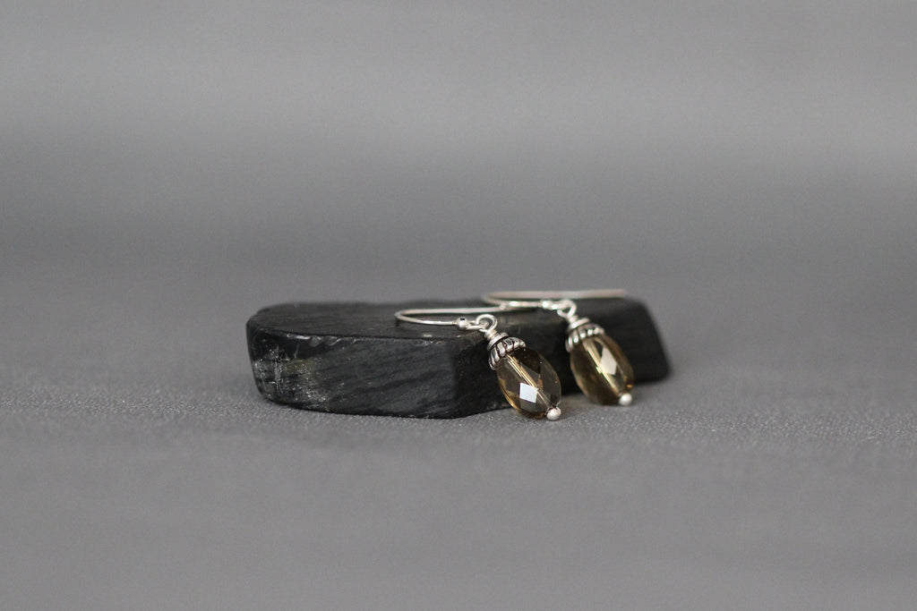 Whiskey Quartz Oval Dangle Earrings with Bali Silver Caps