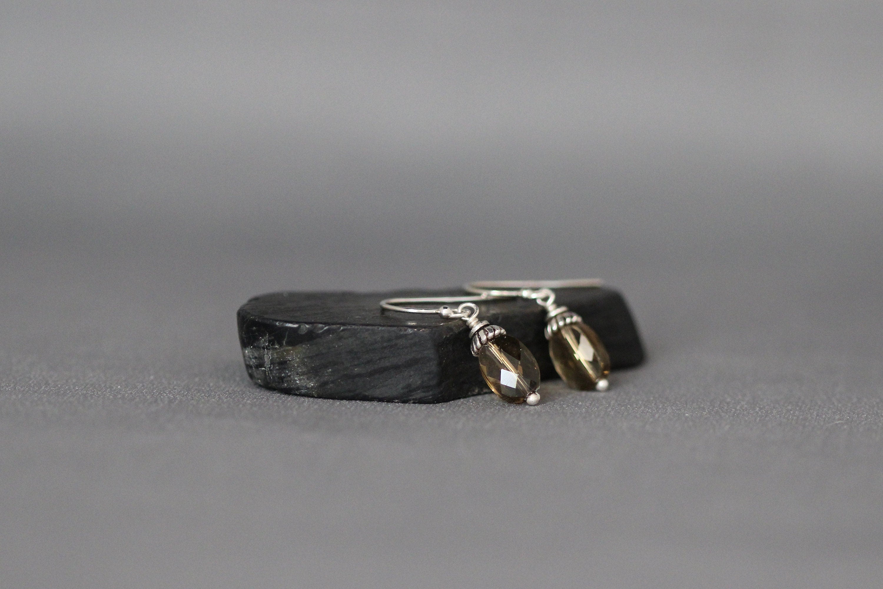 Whiskey Quartz Oval Dangle Earrings with Bali Silver Caps