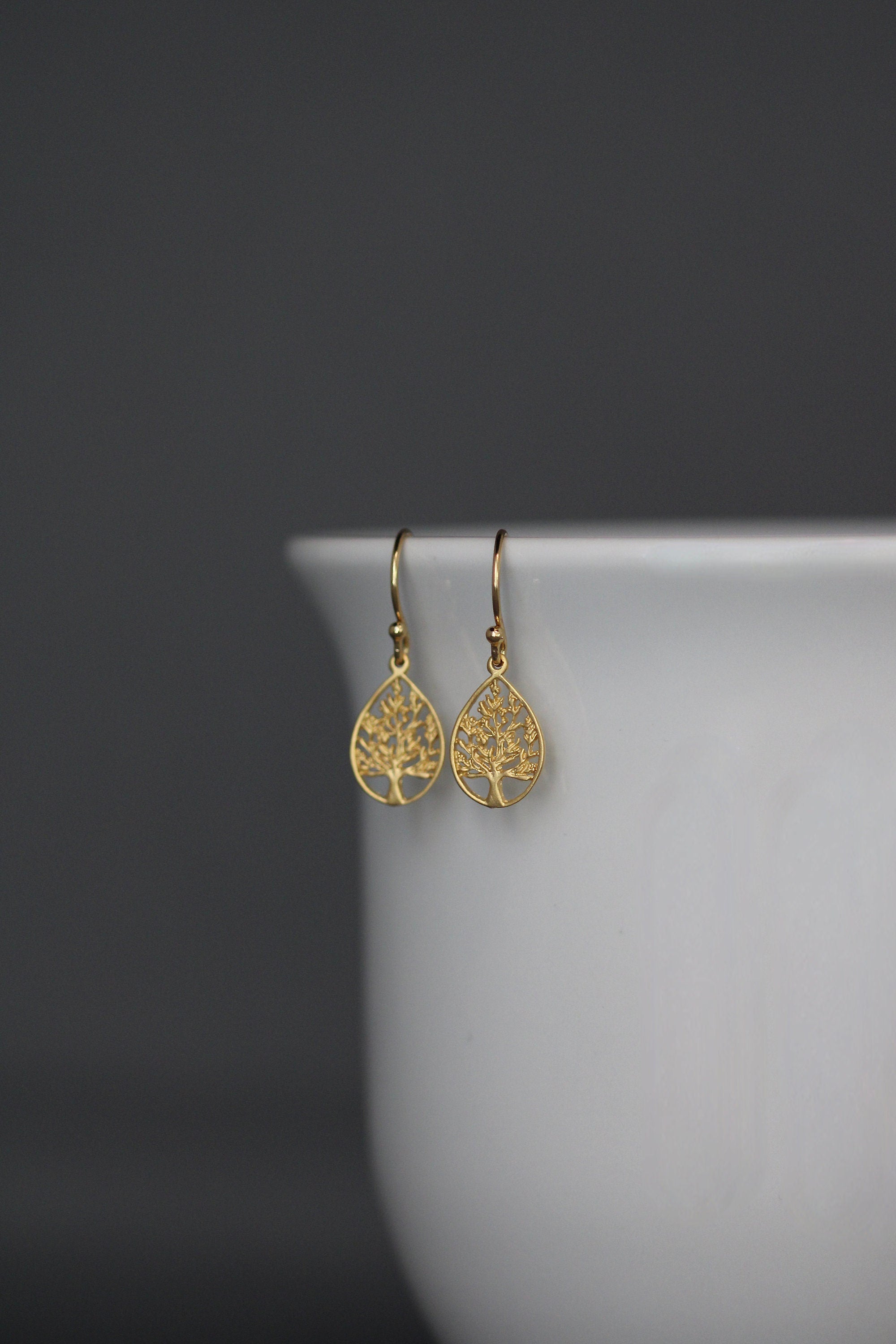 Gold Vermeil Tree of Life Teardrop Charm Dangle Earrings II