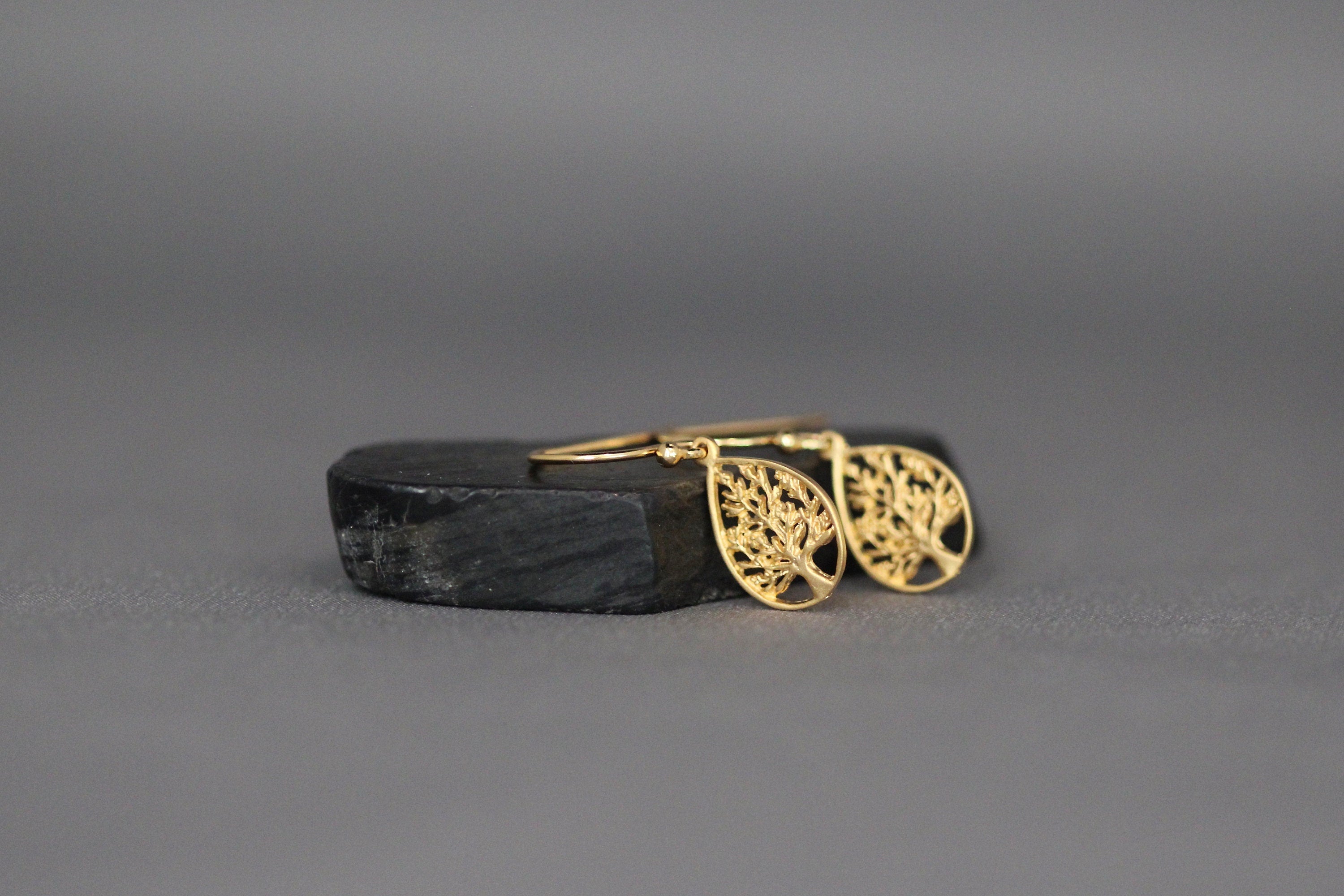 Gold Vermeil Tree of Life Teardrop Charm Dangle Earrings II