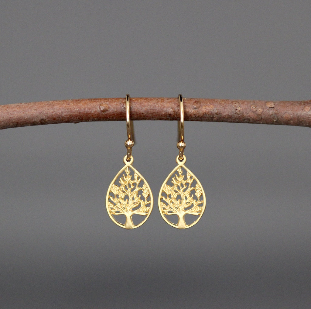 Gold Vermeil Tree of Life Teardrop Charm Dangle Earrings II