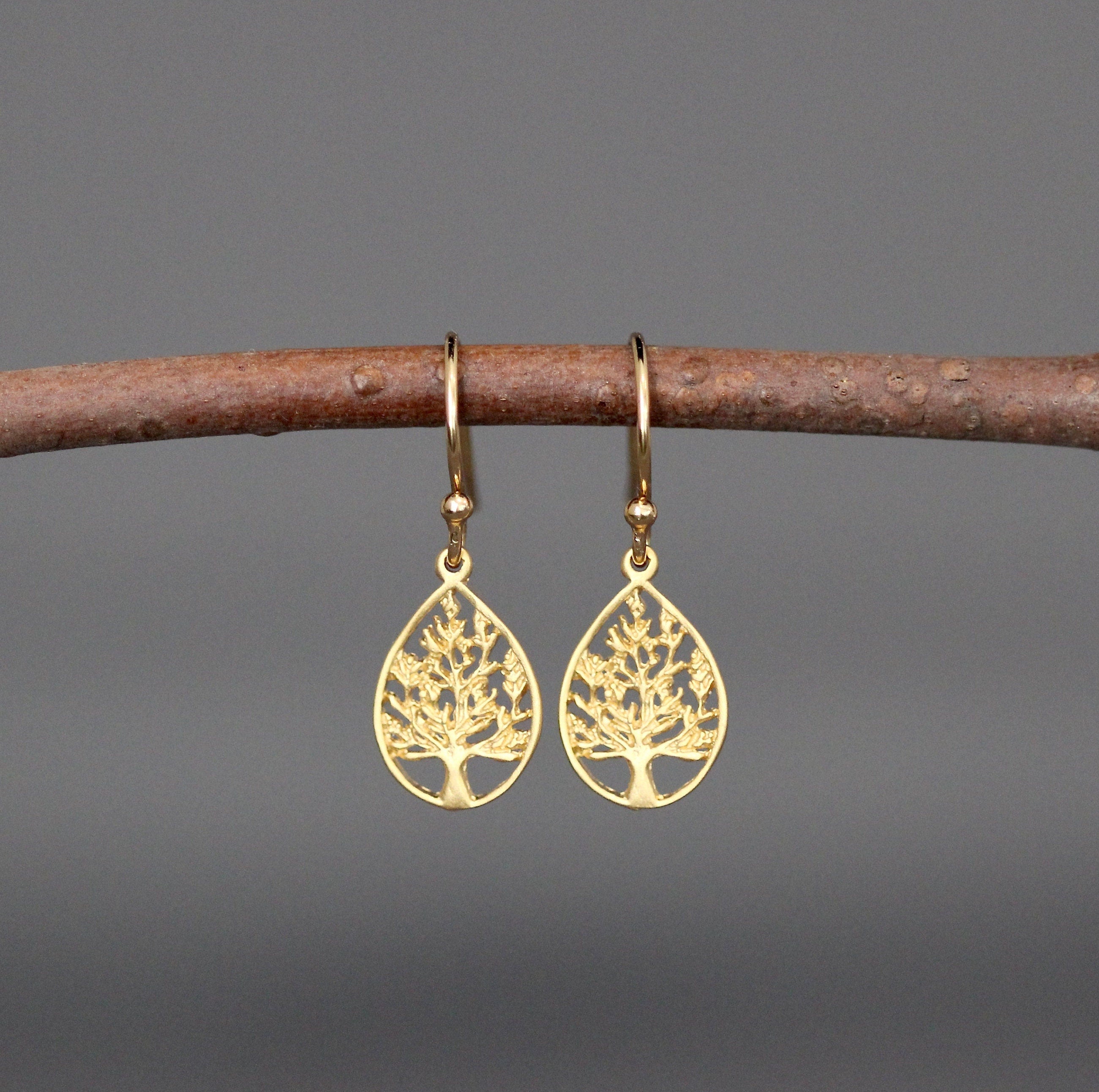 Gold Vermeil Tree of Life Teardrop Charm Dangle Earrings II