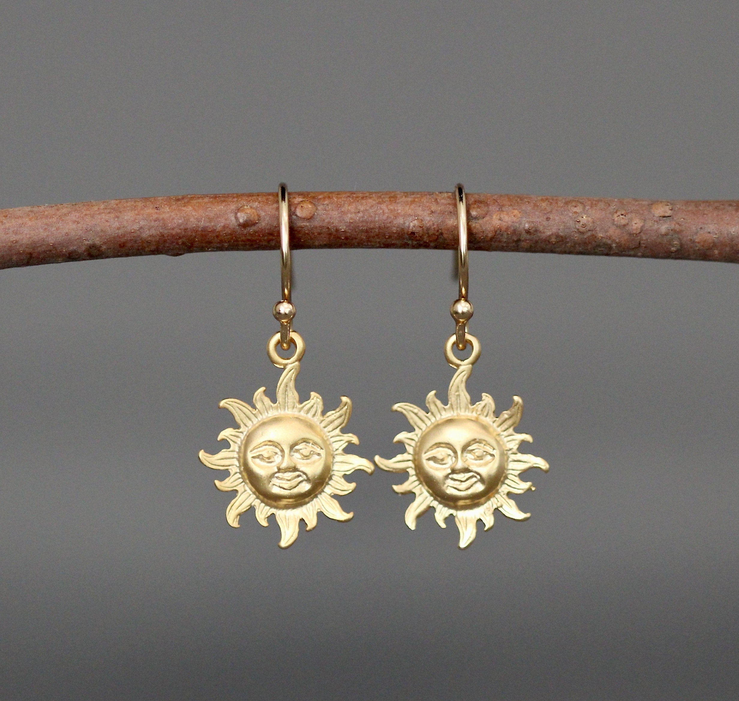Matte Gold Vermeil Sun Charm Dangle Earrings