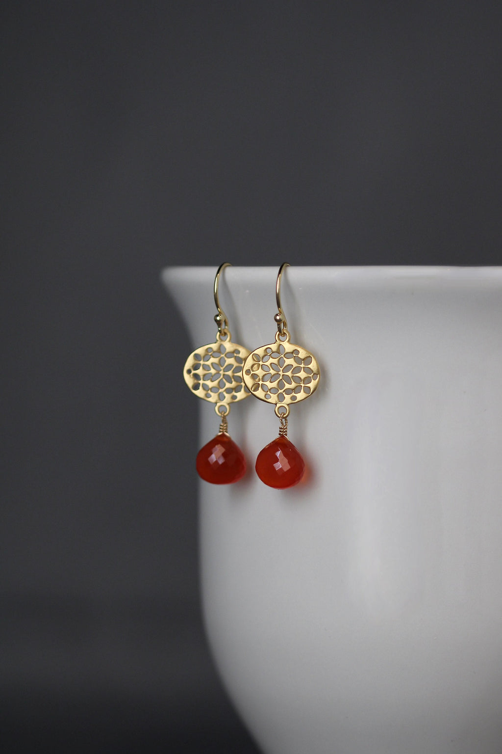 Carnelian Teardrop Earrings with Matte Gold Vermeil Filigree Links