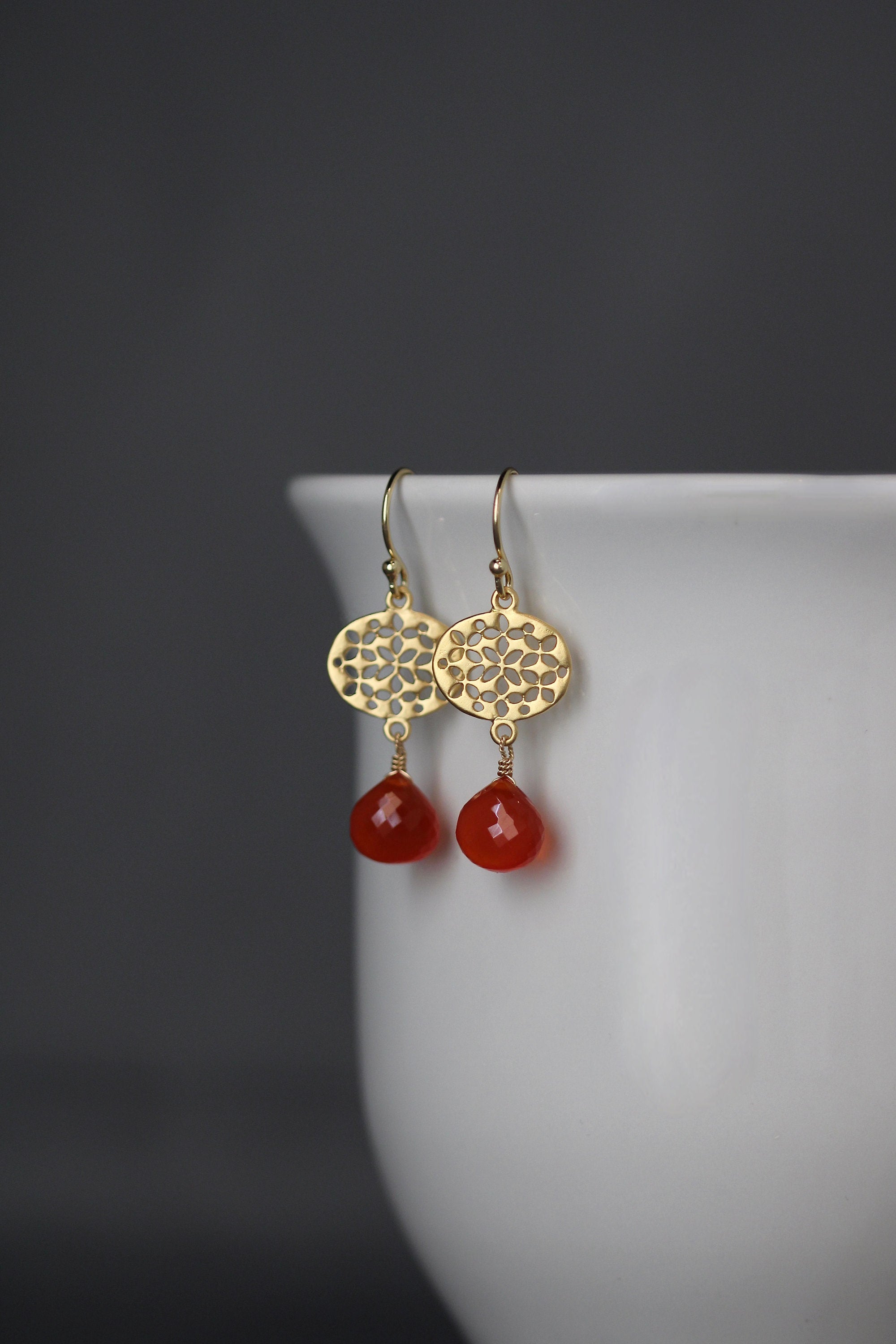 Carnelian Teardrop Earrings with Matte Gold Vermeil Filigree Links