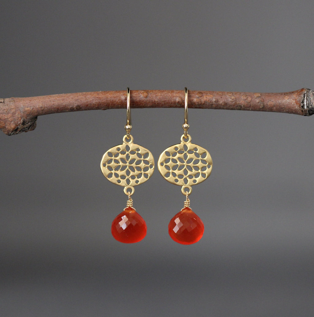Carnelian Teardrop Earrings with Matte Gold Vermeil Filigree Links