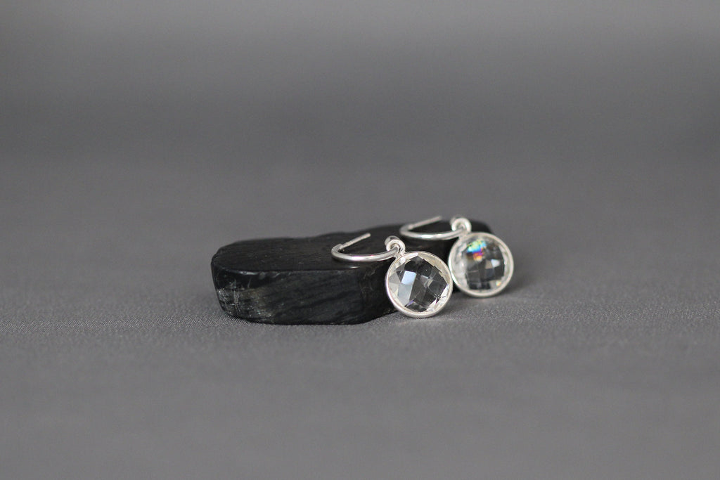 Clear Quartz Crystal Charm Earrings on Sterling Silver Post Hoops
