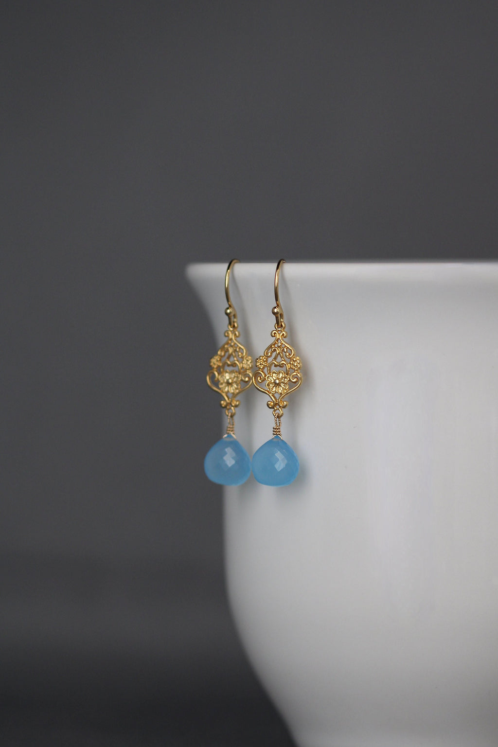 Blue Chalcedony Teardrop and Gold Vermeil Floral Link Dangle Earrings