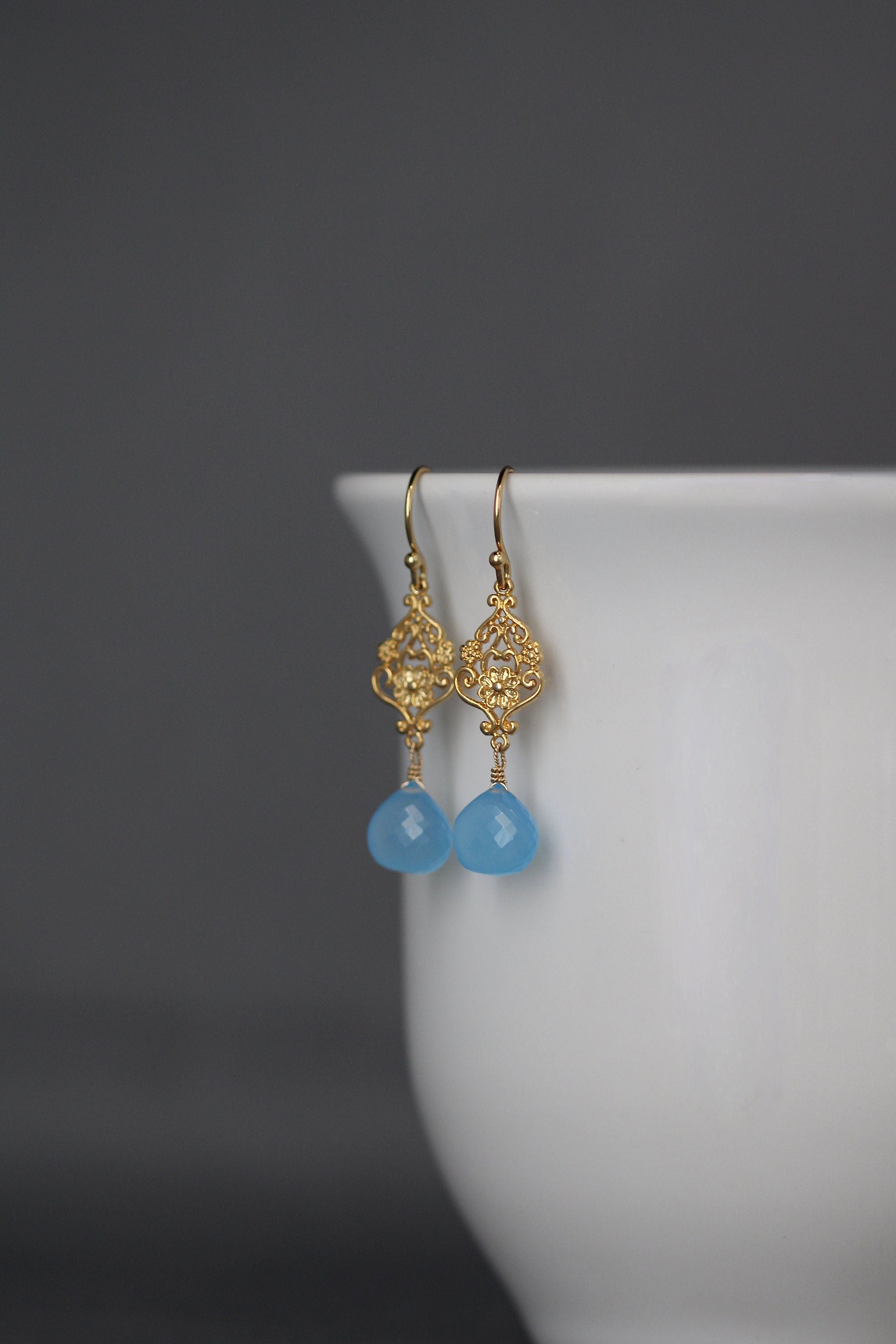Blue Chalcedony Teardrop and Gold Vermeil Floral Link Dangle Earrings