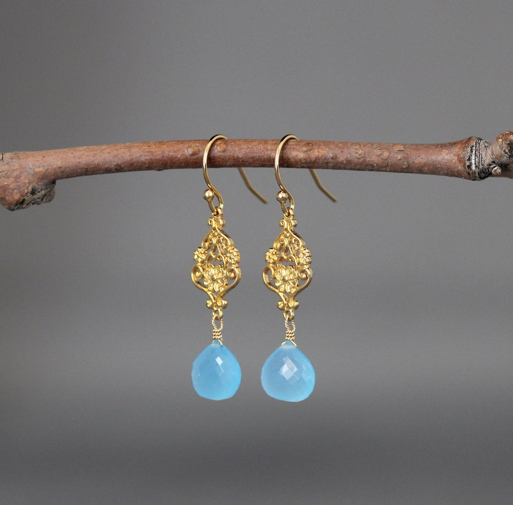 Blue Chalcedony Teardrop and Gold Vermeil Floral Link Dangle Earrings