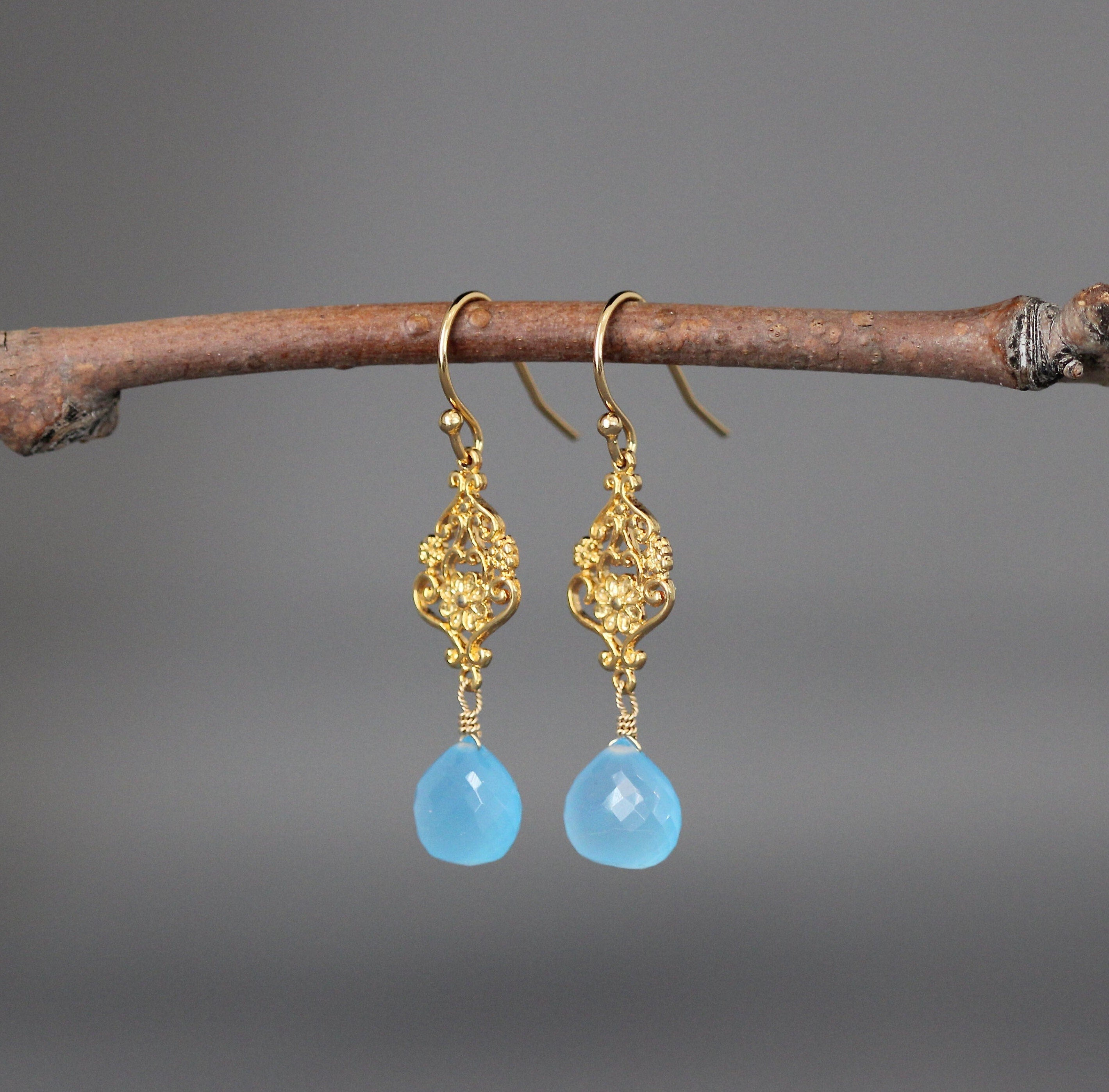 Blue Chalcedony Teardrop and Gold Vermeil Floral Link Dangle Earrings