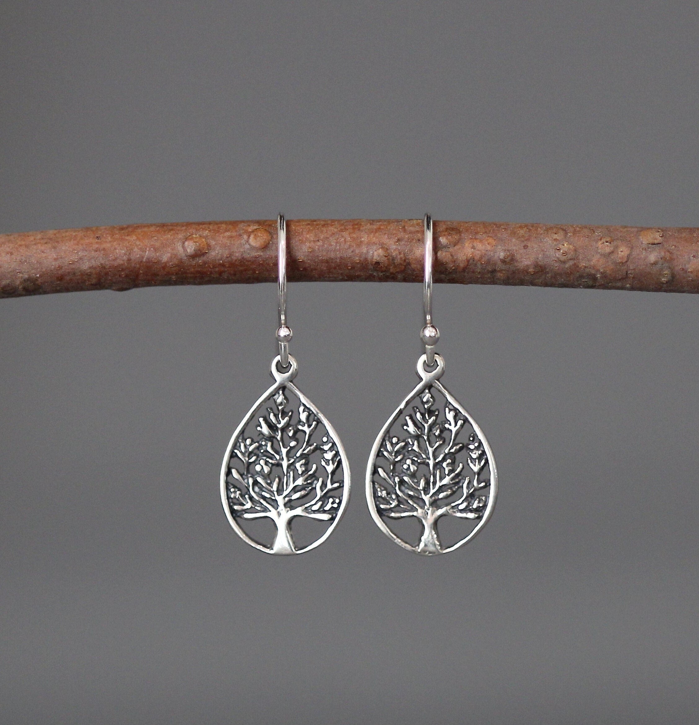 Bali Silver Tree of Life Teardrop Dangle Earrings