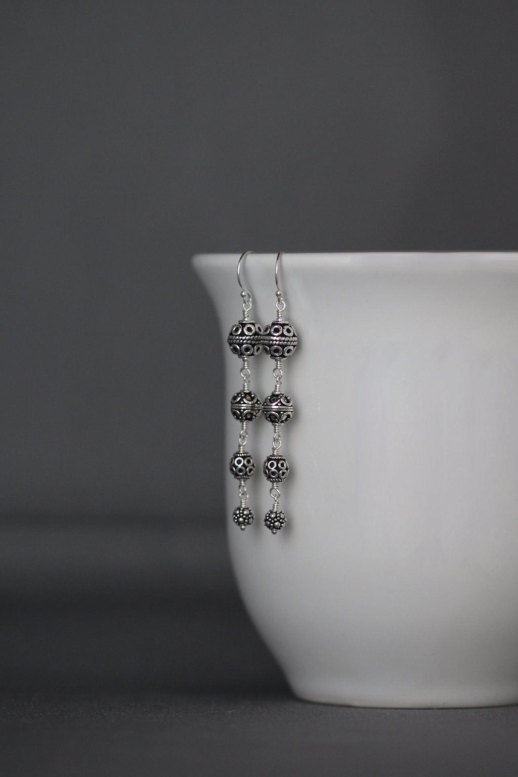 Graduated Bali Sterling Silver Multi-Bead Statement Dangle Earrings