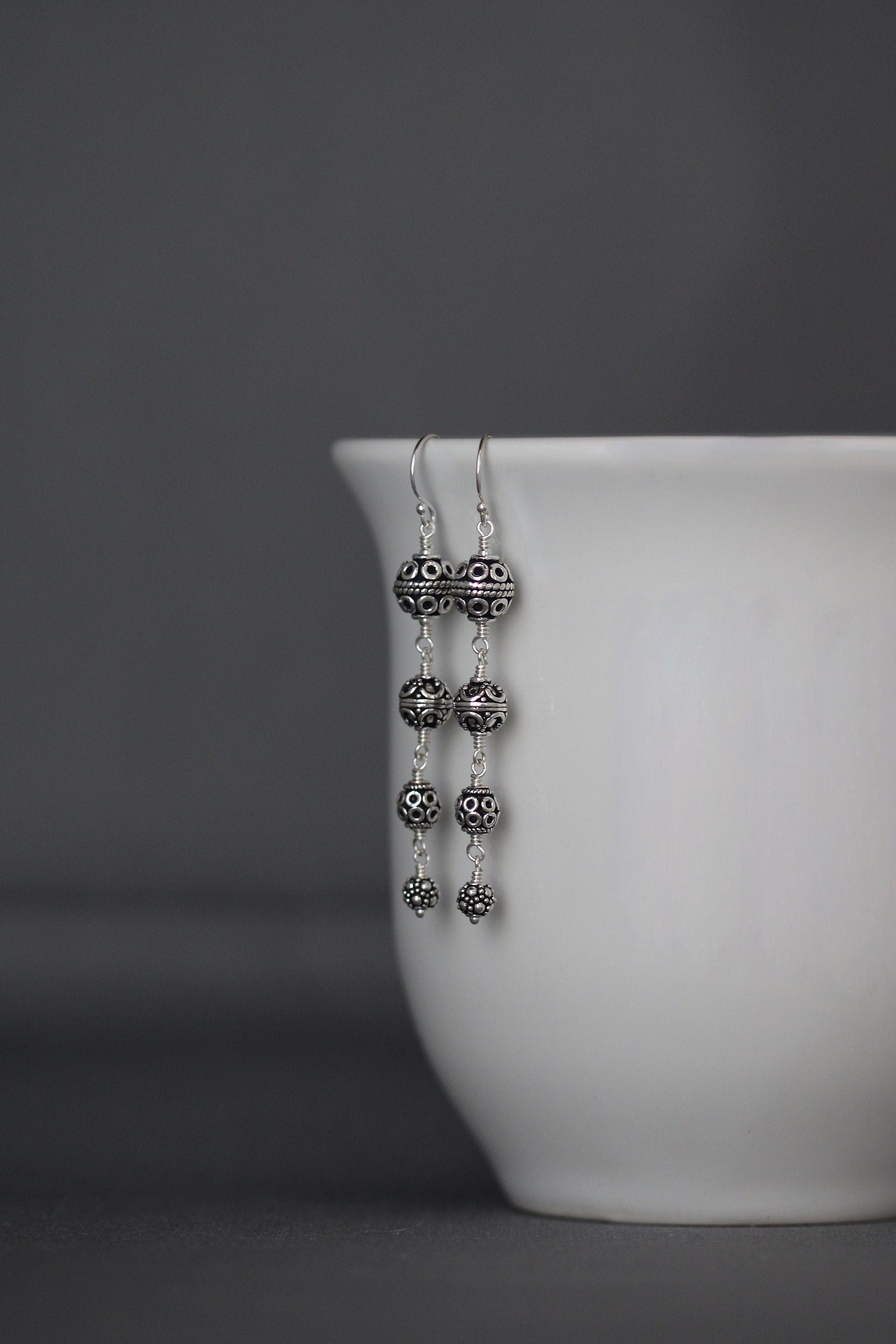 Graduated Bali Sterling Silver Multi-Bead Statement Dangle Earrings