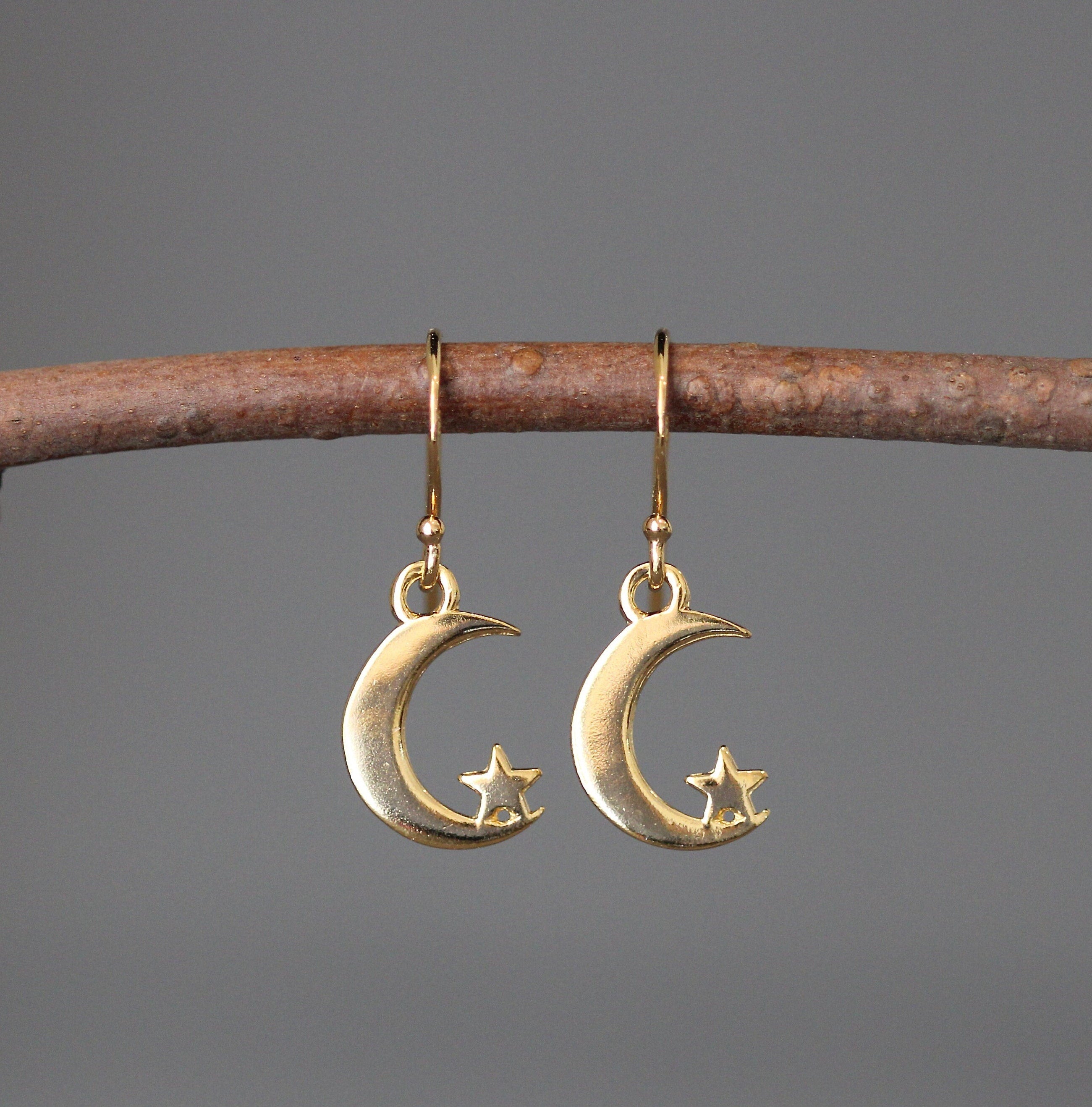 Gold Vermeil Moon and Star Charm Dangle Earrings