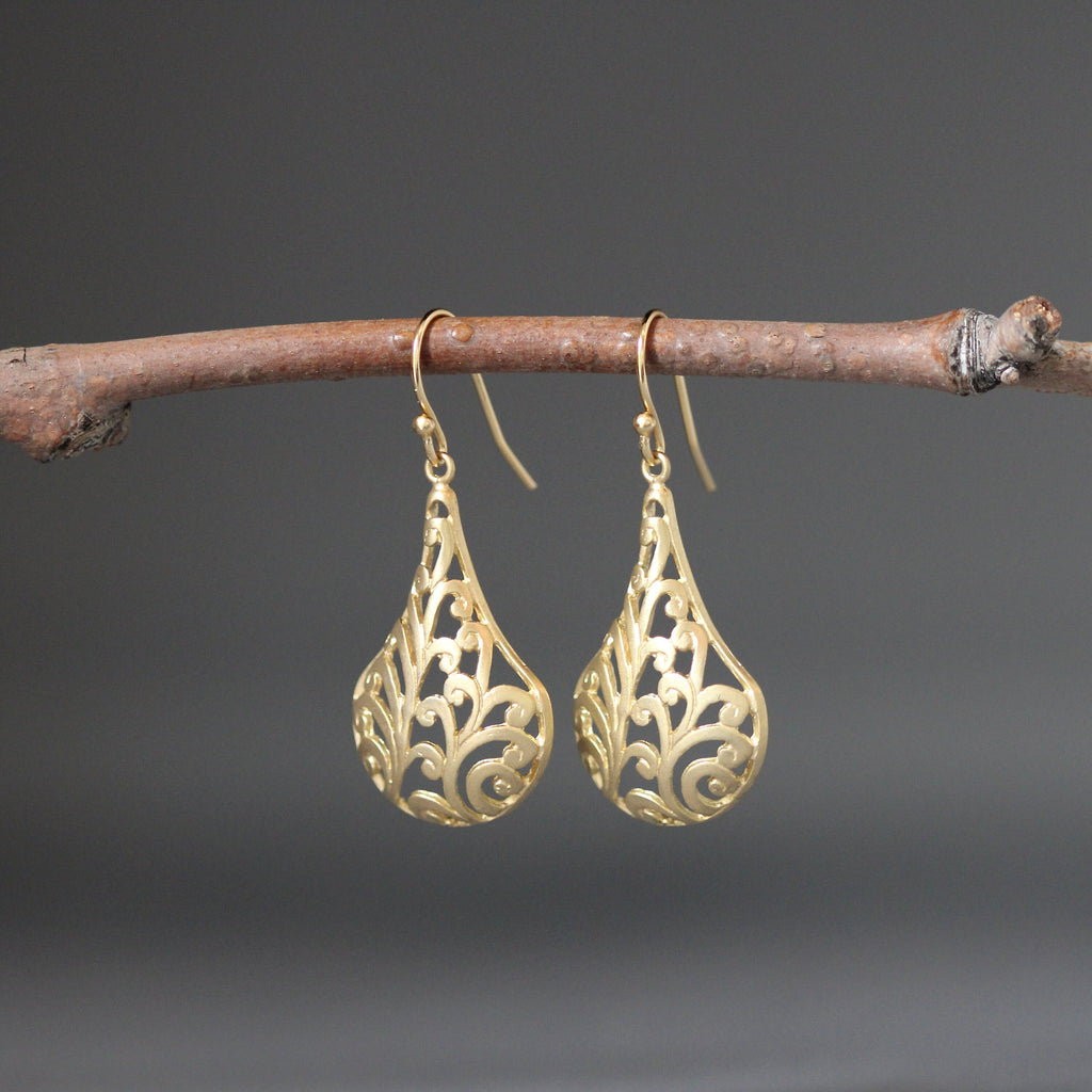 Matte Gold Vermeil Long Filigree Statement Dangle Earrings