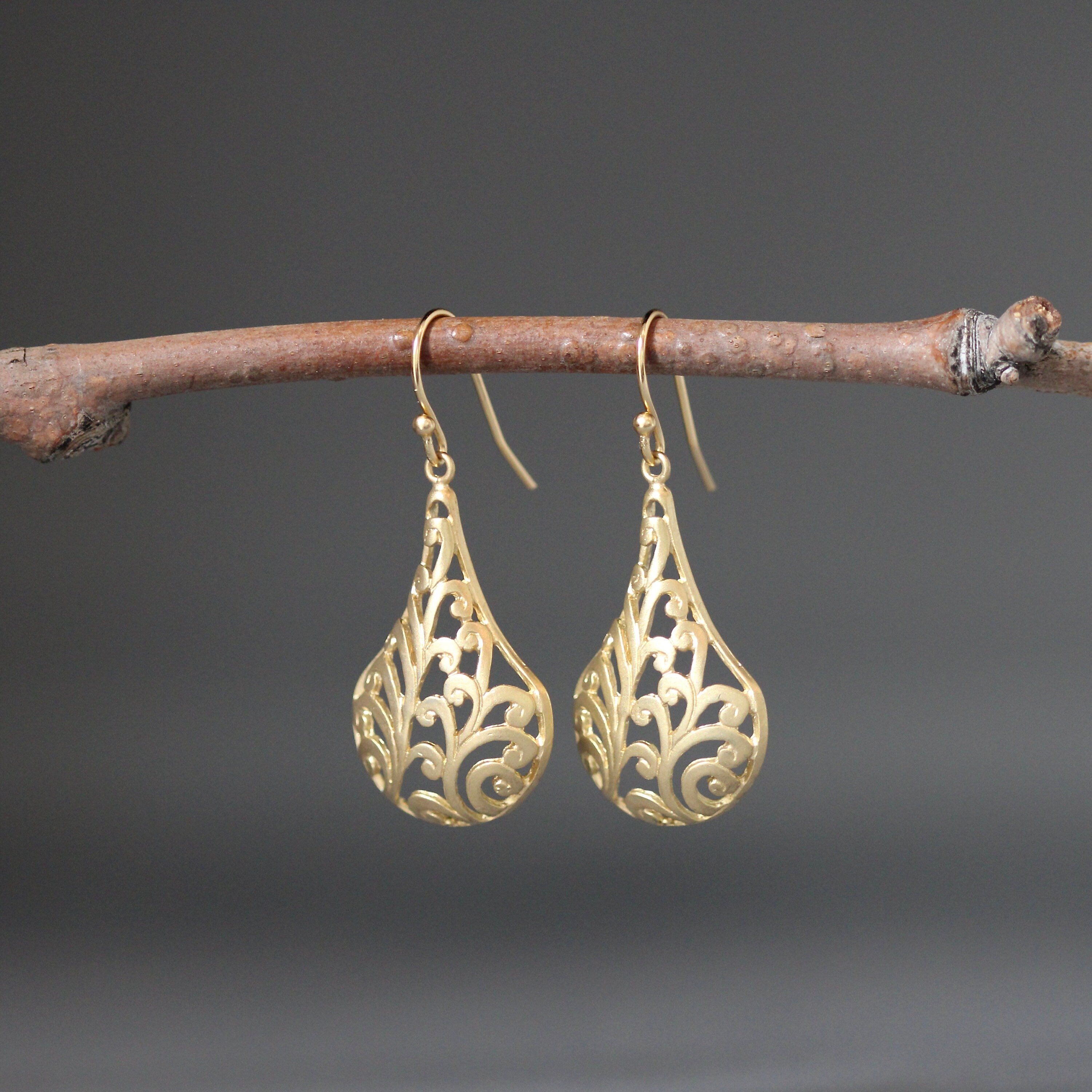 Matte Gold Vermeil Long Filigree Statement Dangle Earrings