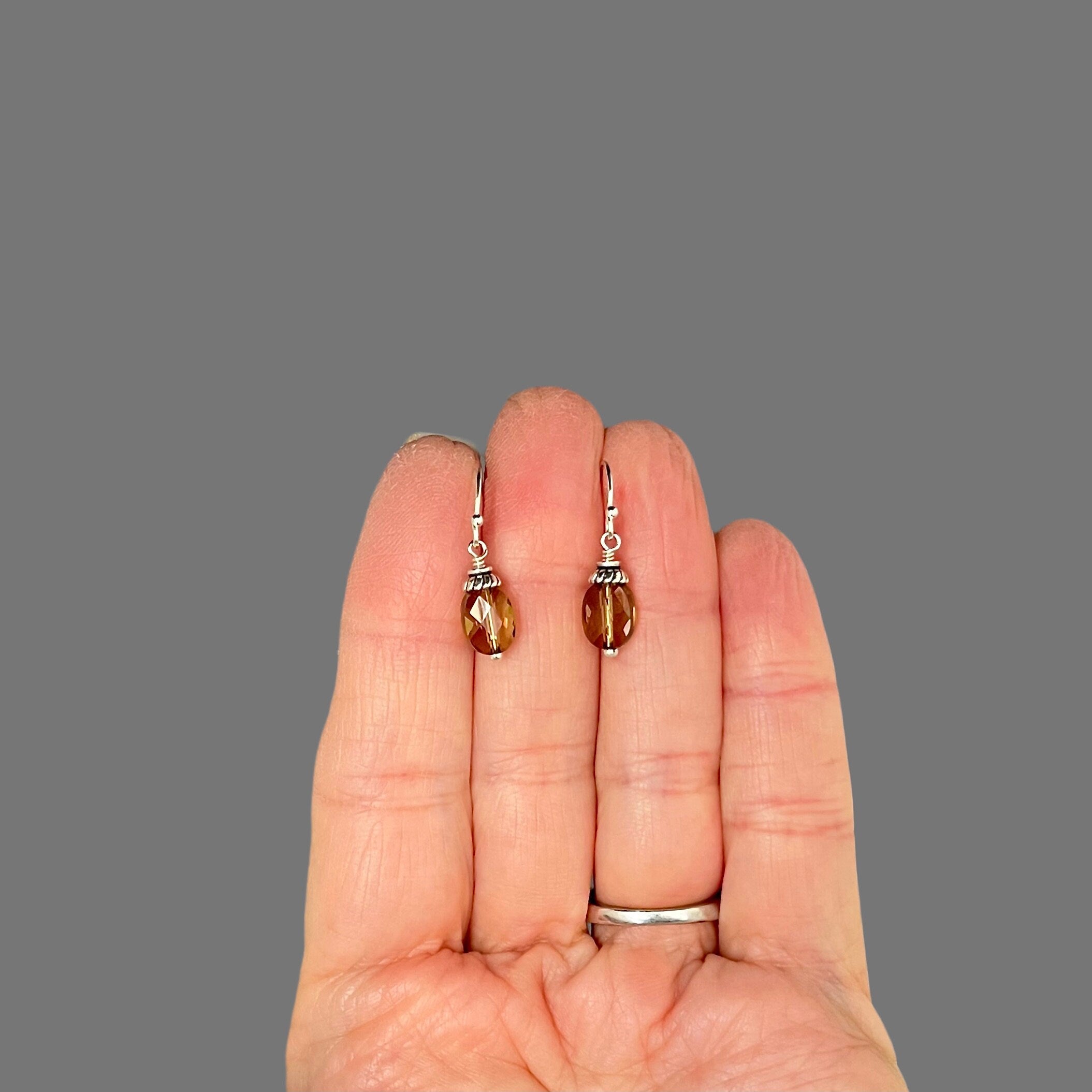 Whiskey Quartz Oval Dangle Earrings with Bali Silver Caps