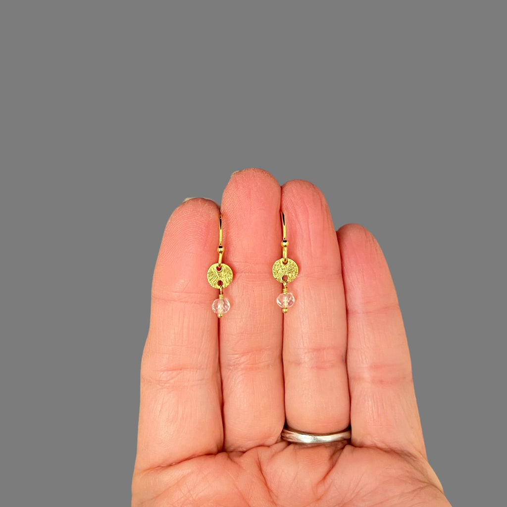 Quartz Crystal on Brushed Gold Vermeil Disc Dangle Earrings