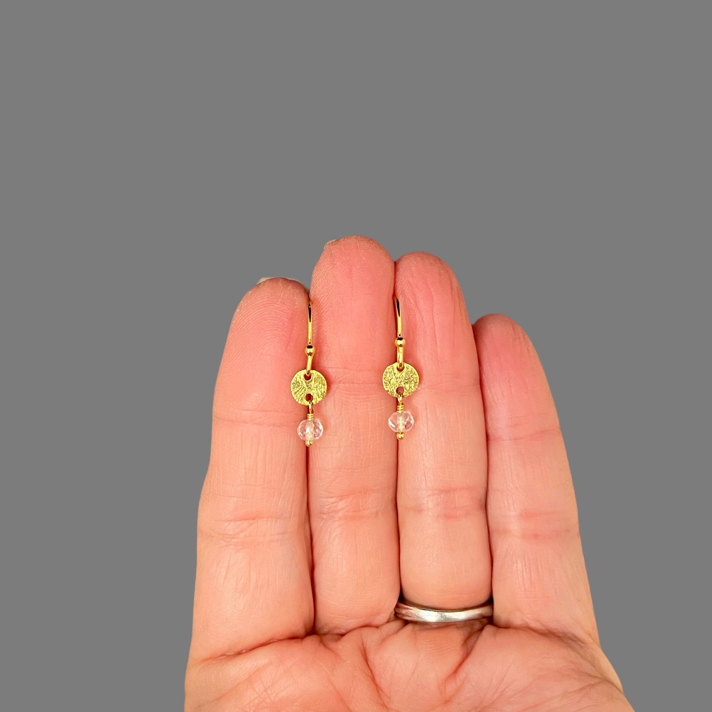 Quartz Crystal on Brushed Gold Vermeil Disc Dangle Earrings