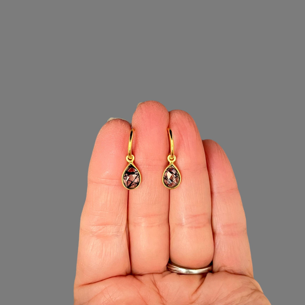 Black Rutilated Quartz Bezel Dangle Earrings with Gold Vermeil Post Hoops