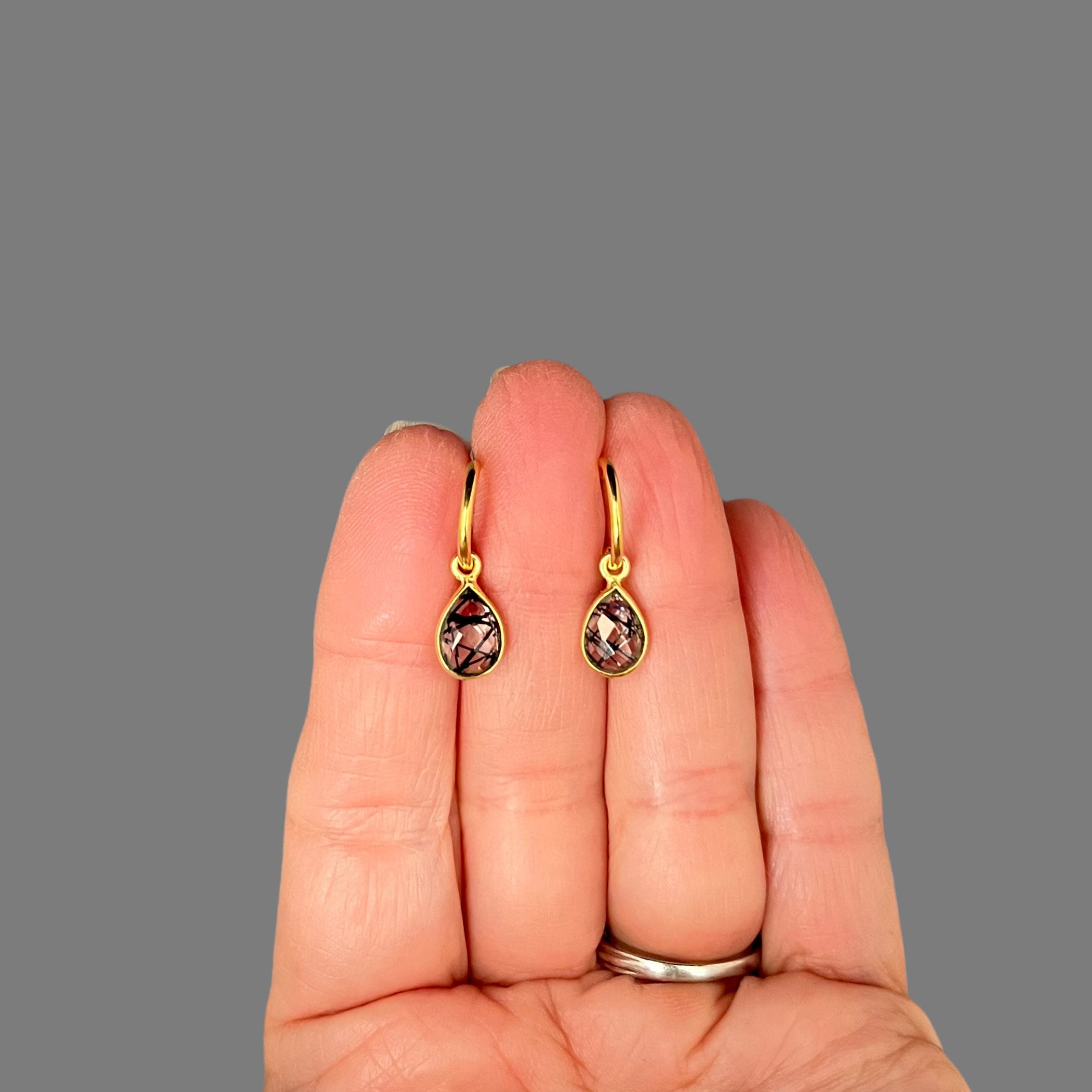 Black Rutilated Quartz Bezel Dangle Earrings with Gold Vermeil Post Hoops