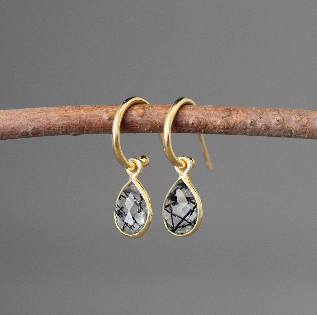Black Rutilated Quartz Bezel Dangle Earrings with Gold Vermeil Post Hoops