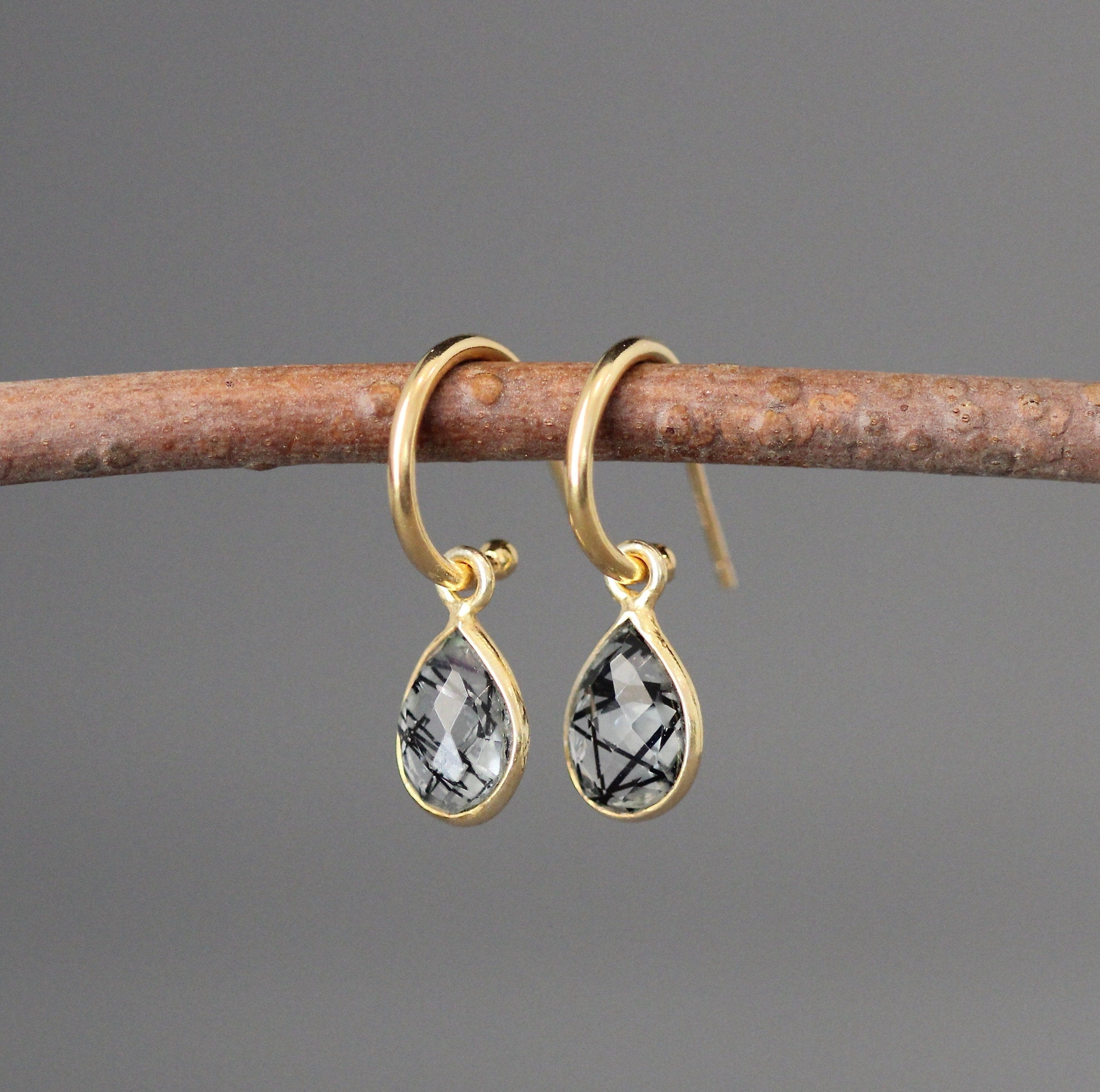 Black Rutilated Quartz Bezel Dangle Earrings with Gold Vermeil Post Hoops
