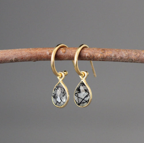Black Rutilated Quartz Bezel Dangle Earrings with Gold Vermeil Post Hoops