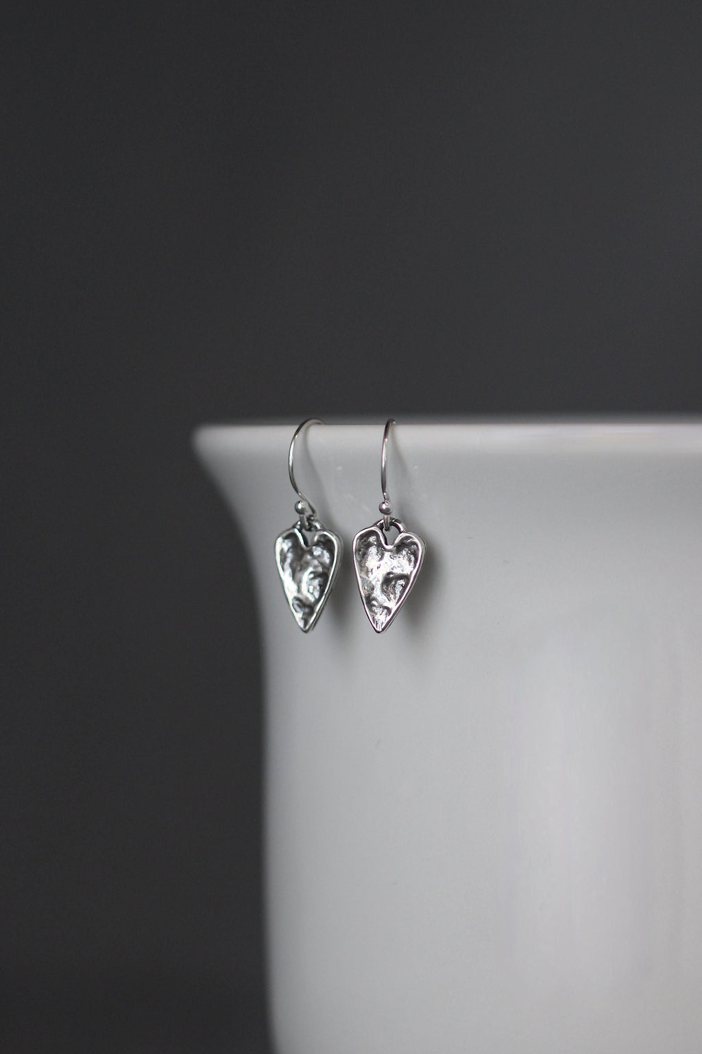 Hammered Bali Sterling Silver Heart Charm Dangle Earrings