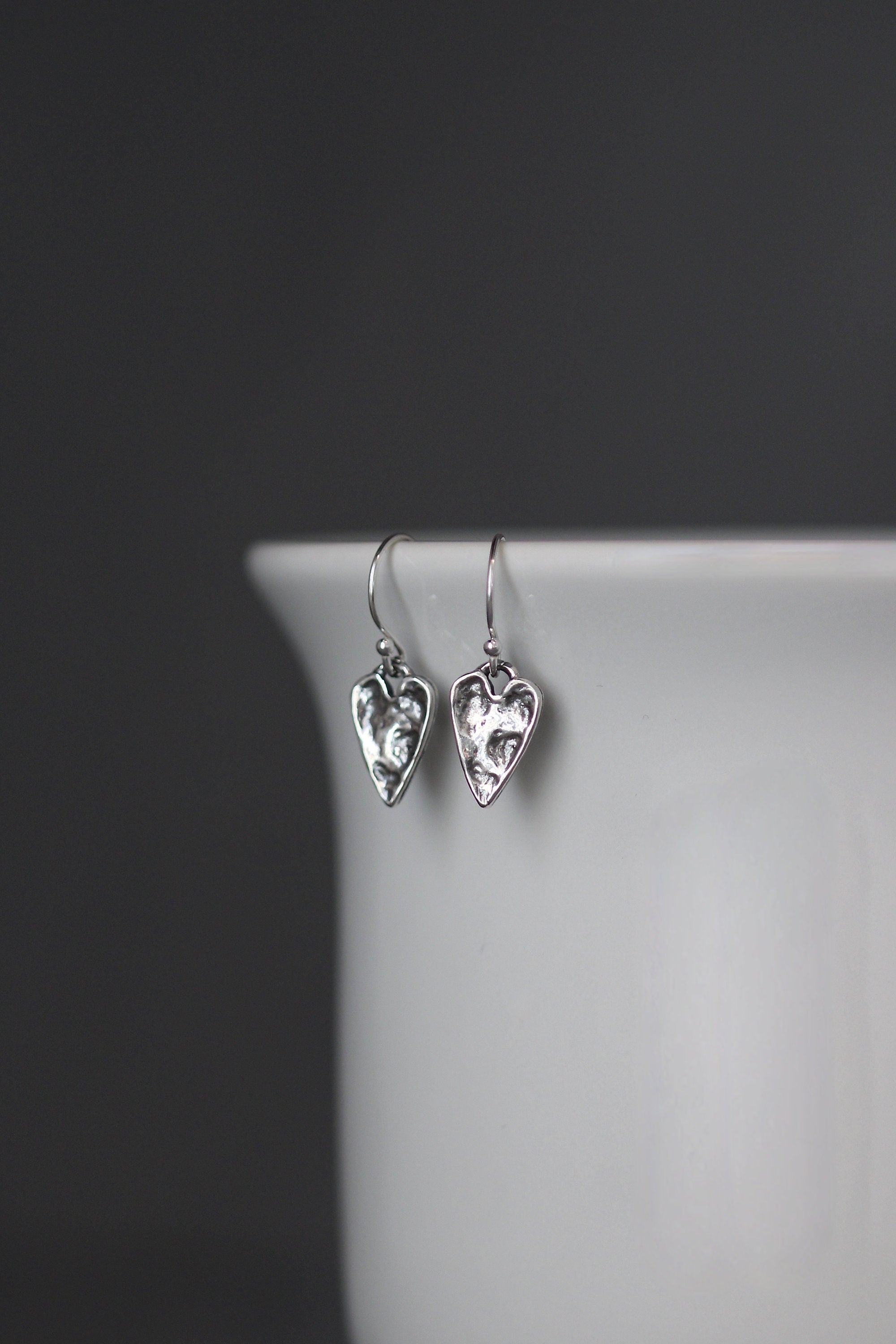 Hammered Bali Sterling Silver Heart Charm Dangle Earrings