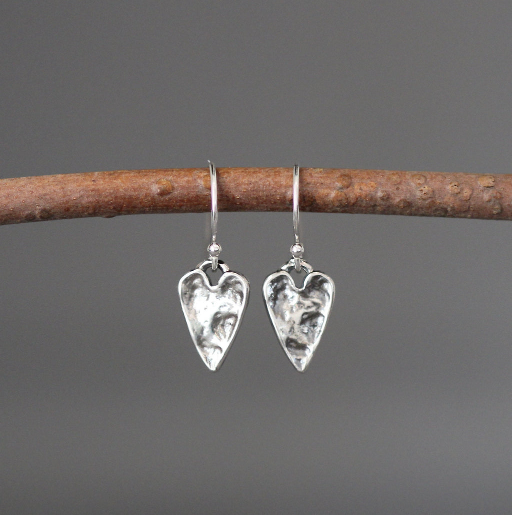 Hammered Bali Sterling Silver Heart Charm Dangle Earrings