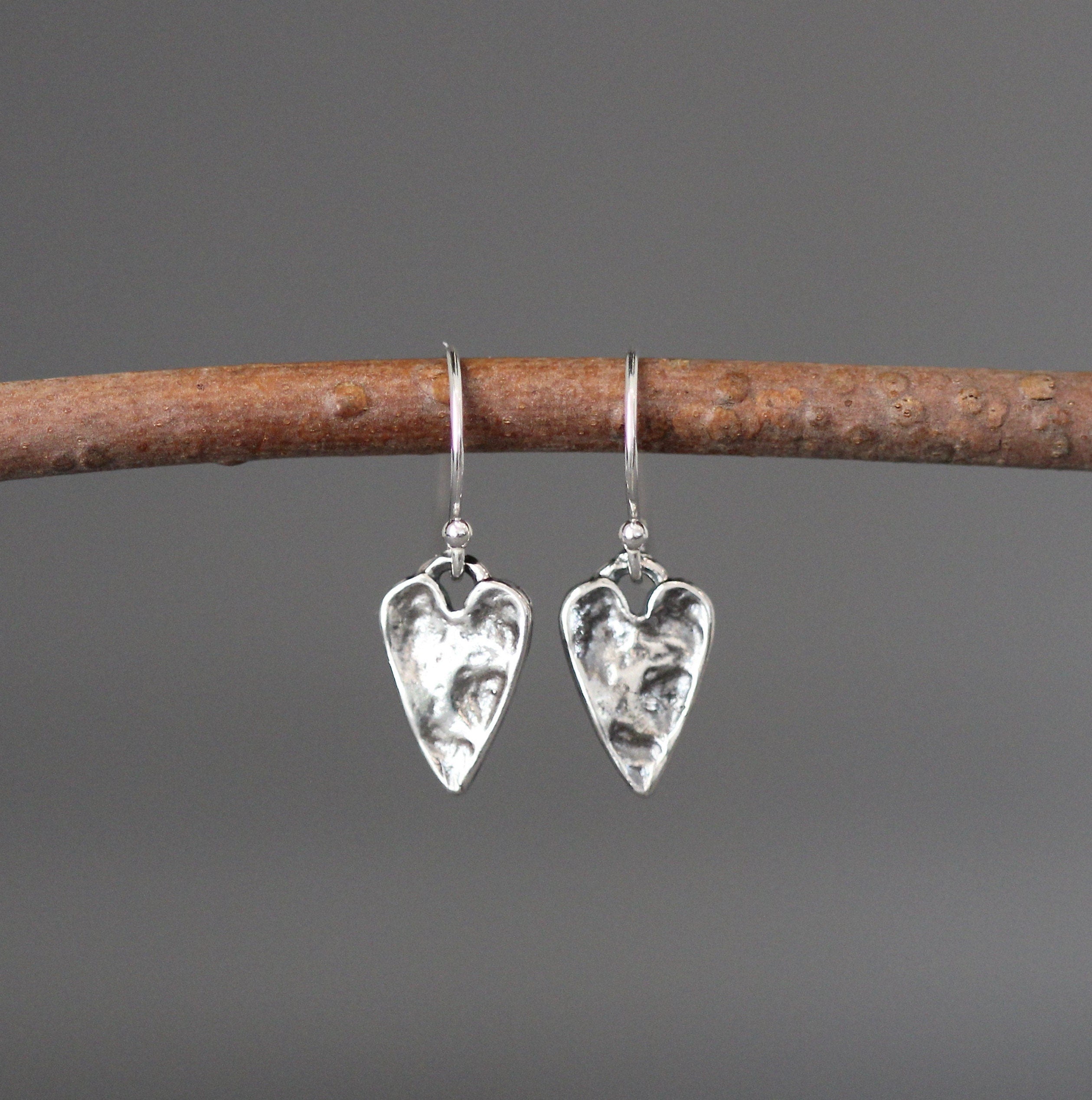 Hammered Bali Sterling Silver Heart Charm Dangle Earrings